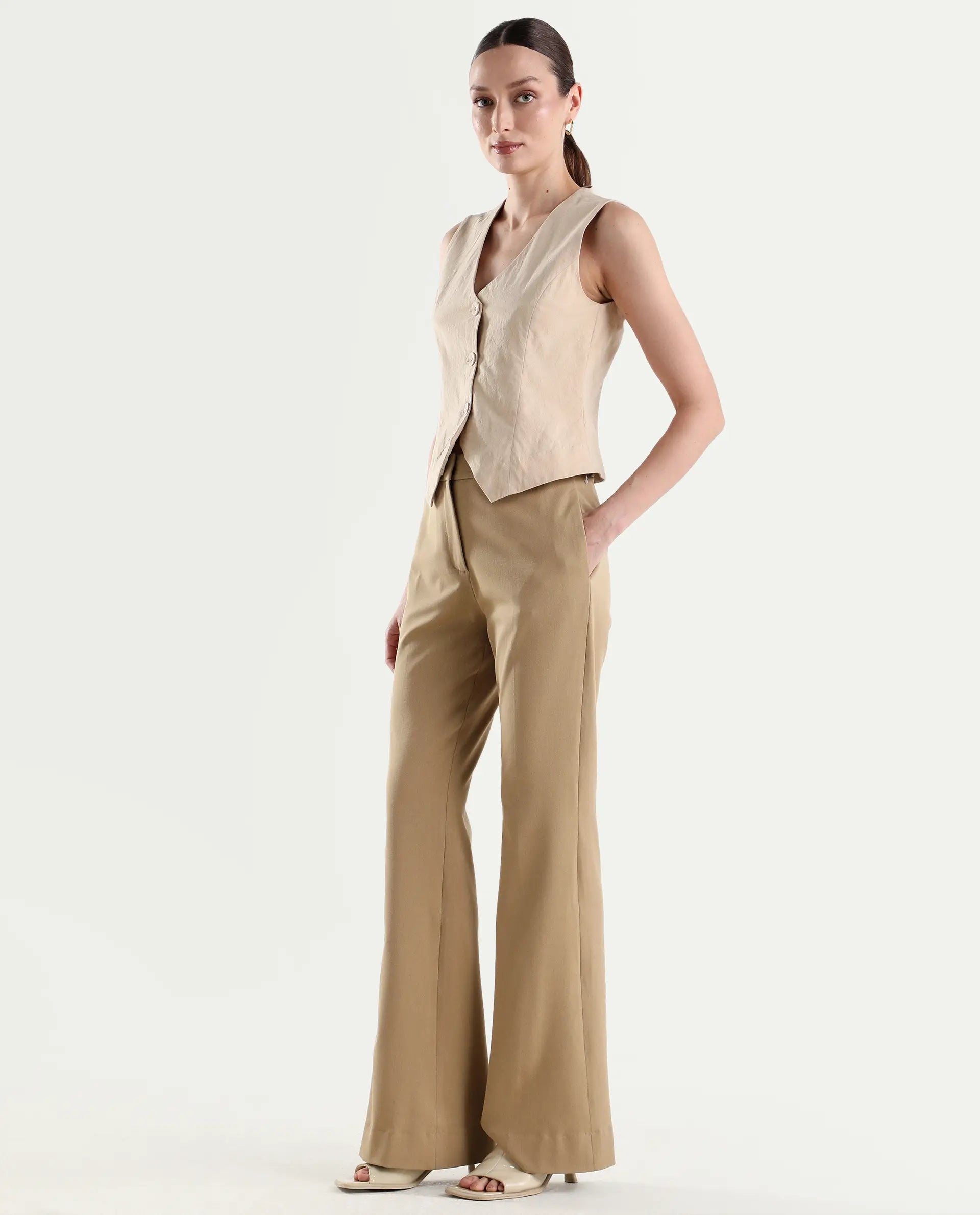 Rareism Women's Frare Khaki Viscose Bootcut Plain Trouser