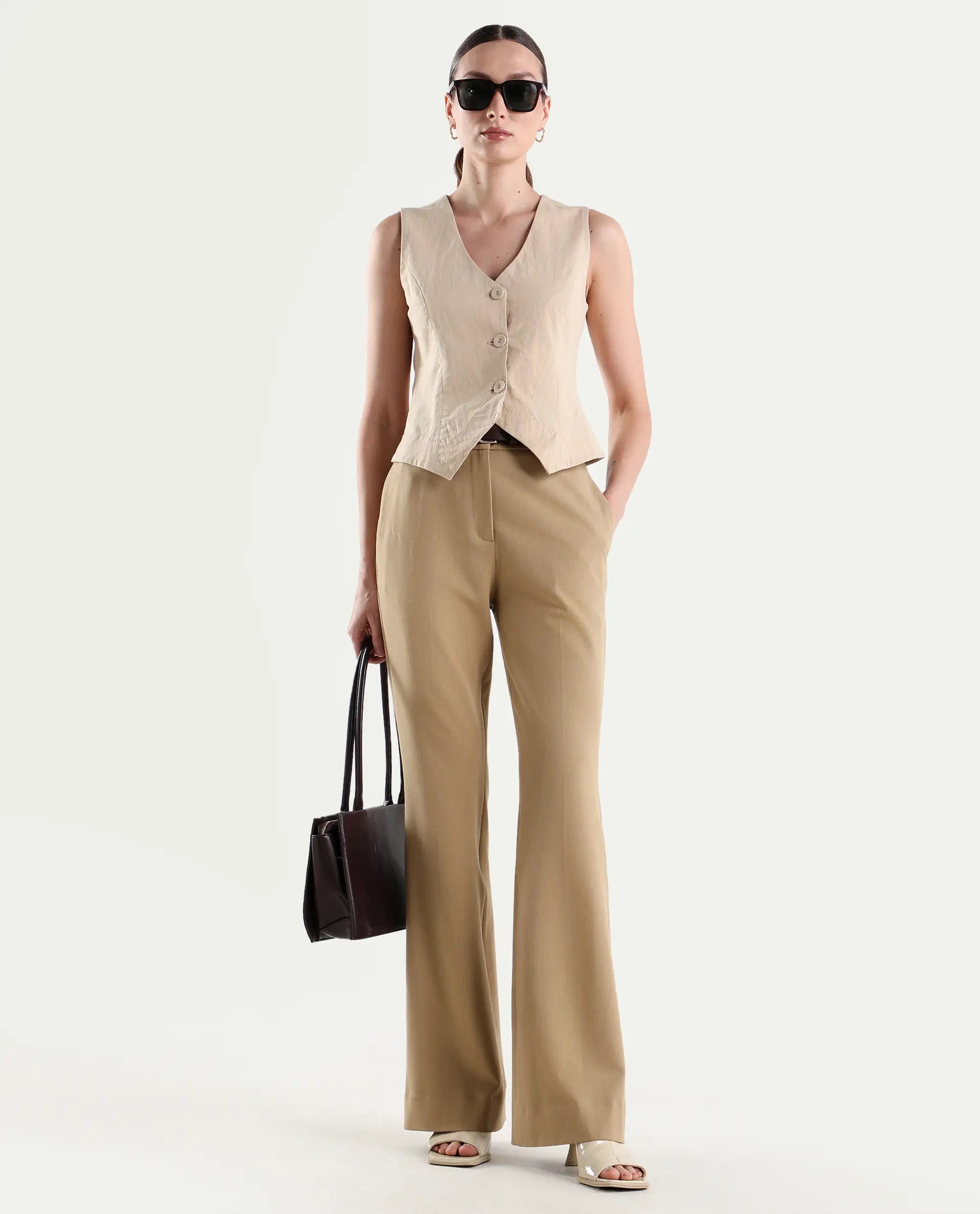 Rareism Women's Frare Khaki Viscose Bootcut Plain Trouser