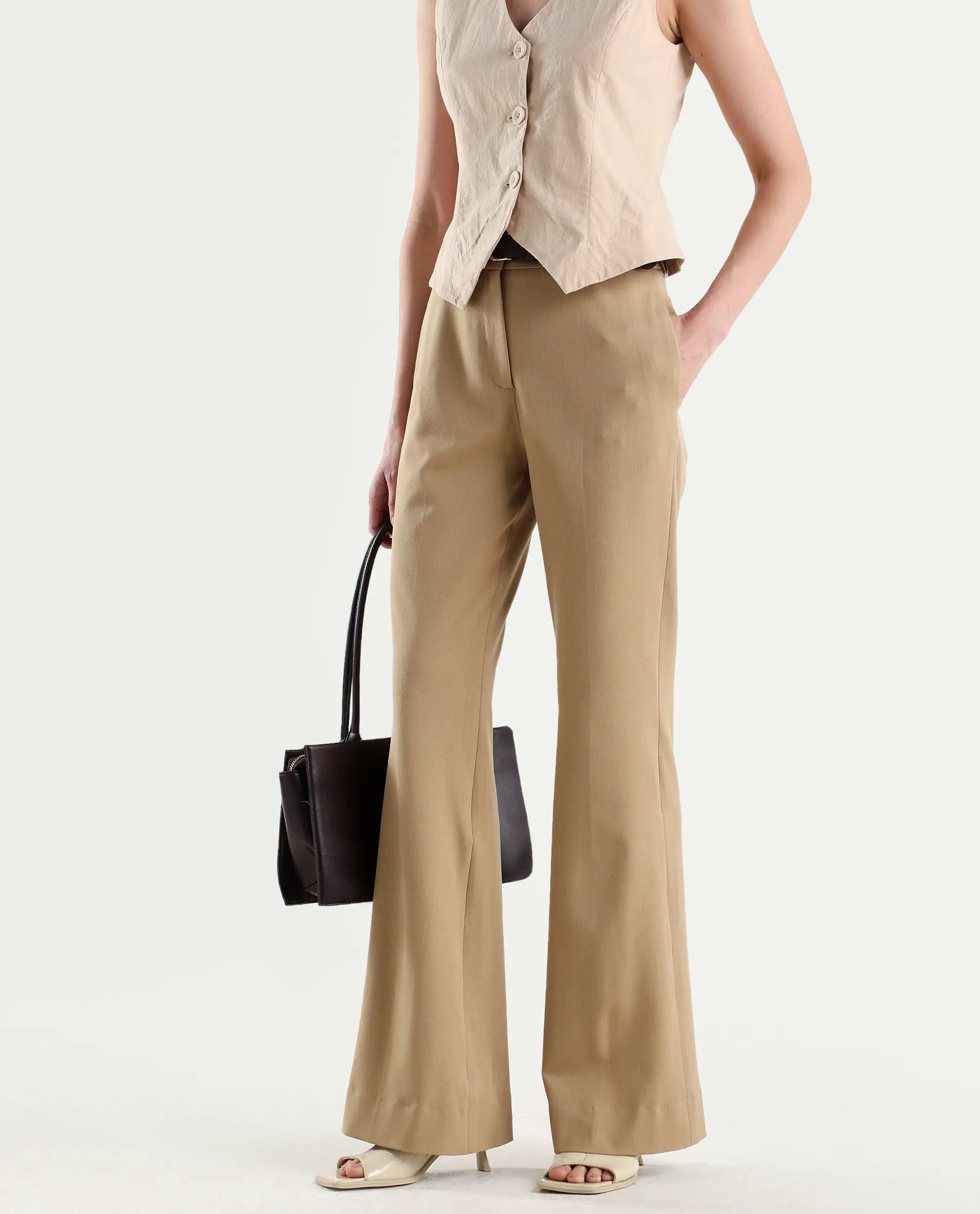 Rareism Women's Frare Khaki Viscose Bootcut Plain Trouser
