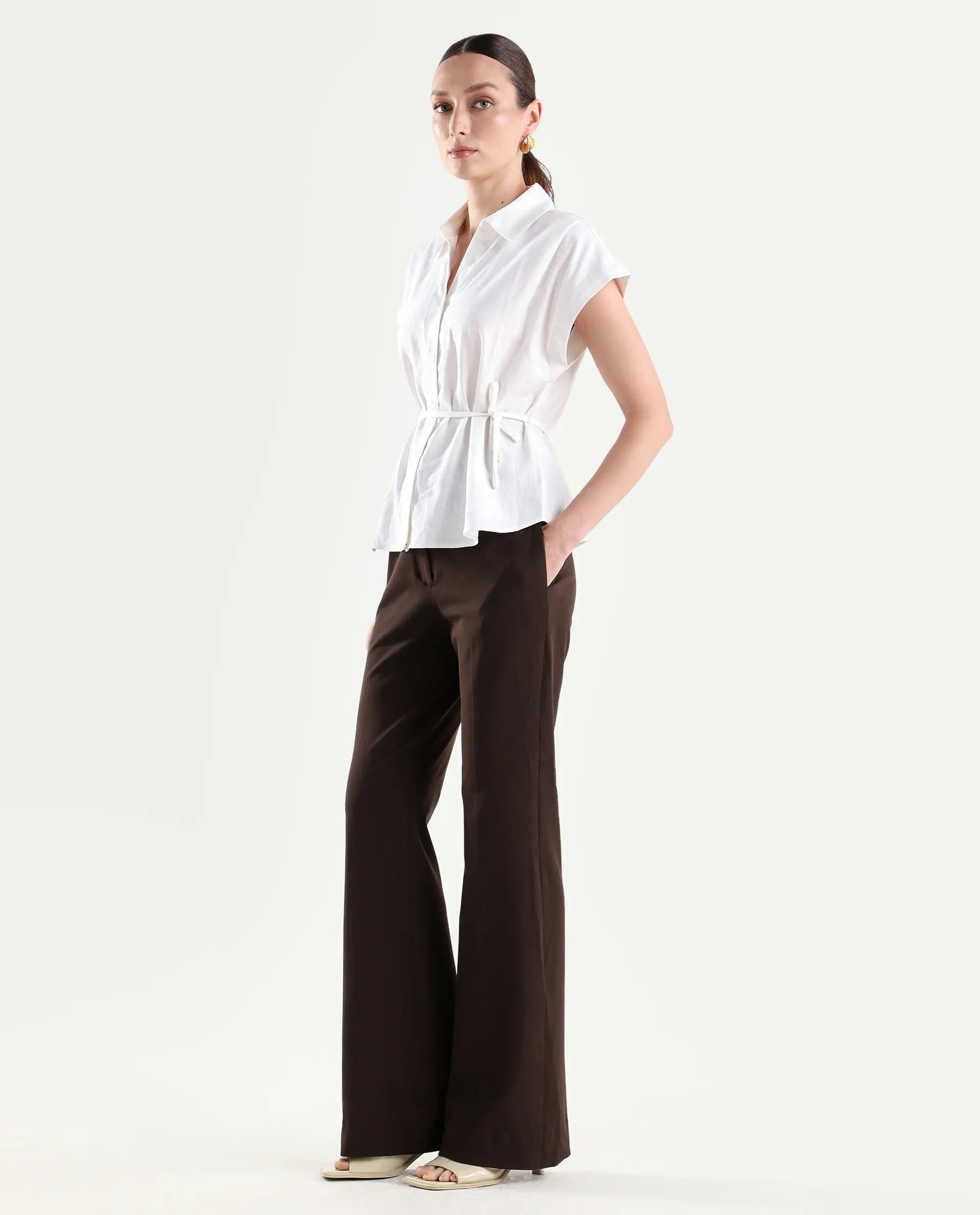 Rareism Women's Frare Brown Polyester Blend Fabric Bootcut Plain Trouser