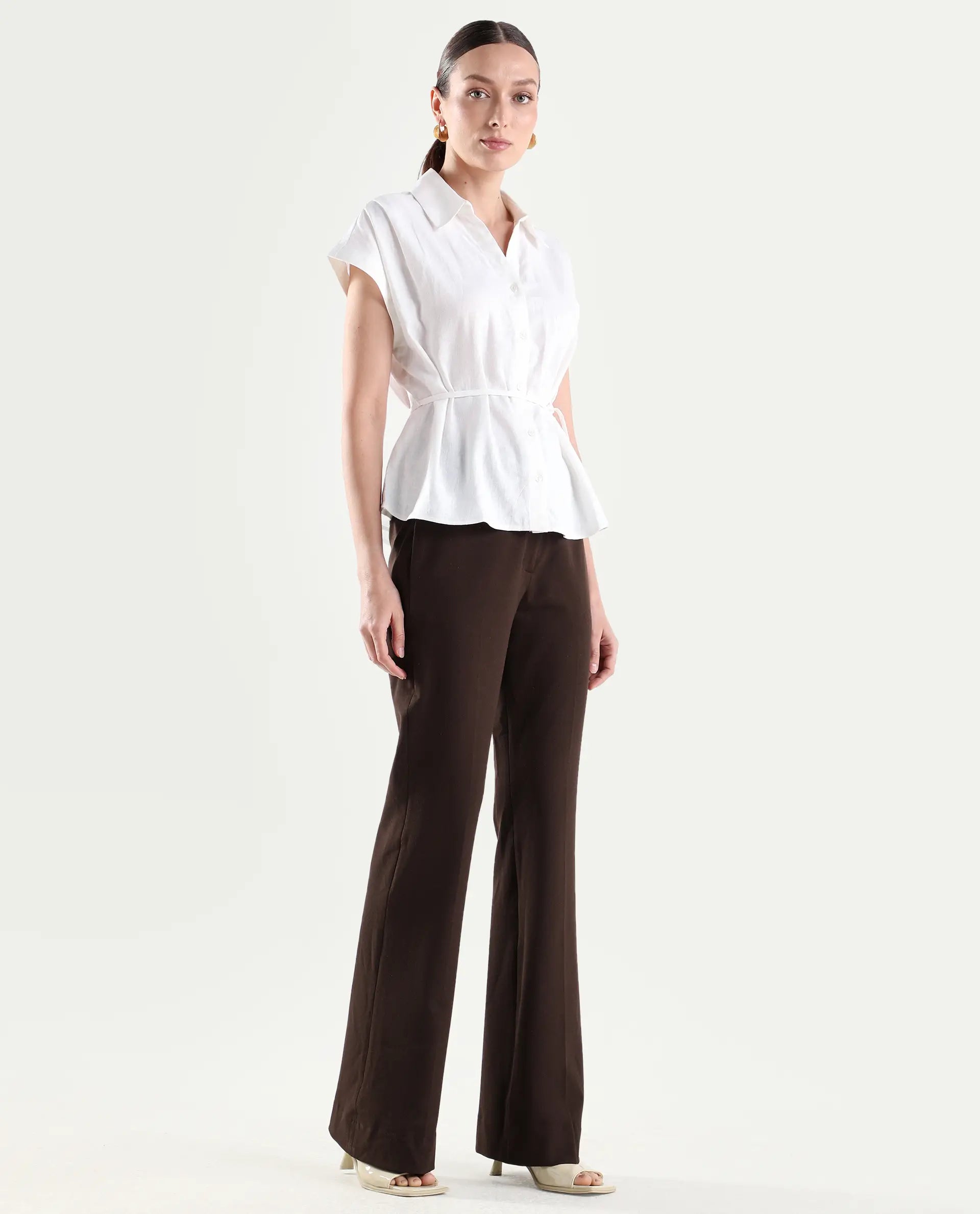 Rareism Women's Frare Brown Polyester Blend Fabric Bootcut Plain Trouser
