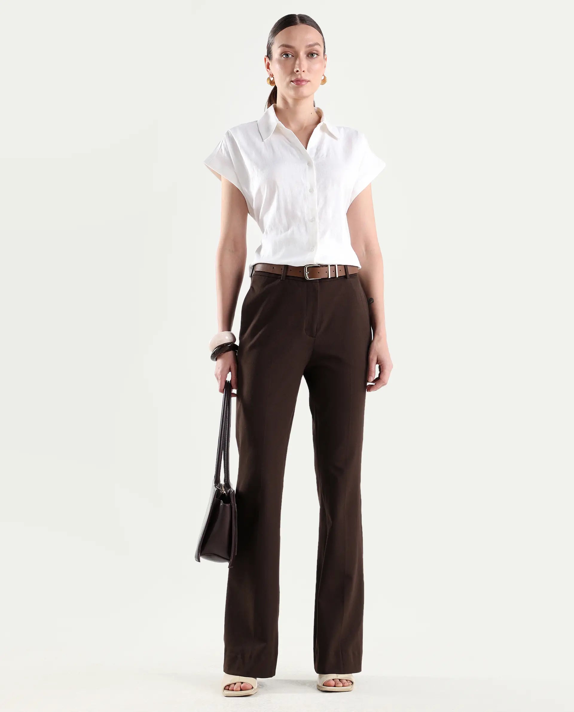 Rareism Women's Frare Brown Polyester Blend Fabric Bootcut Plain Trouser