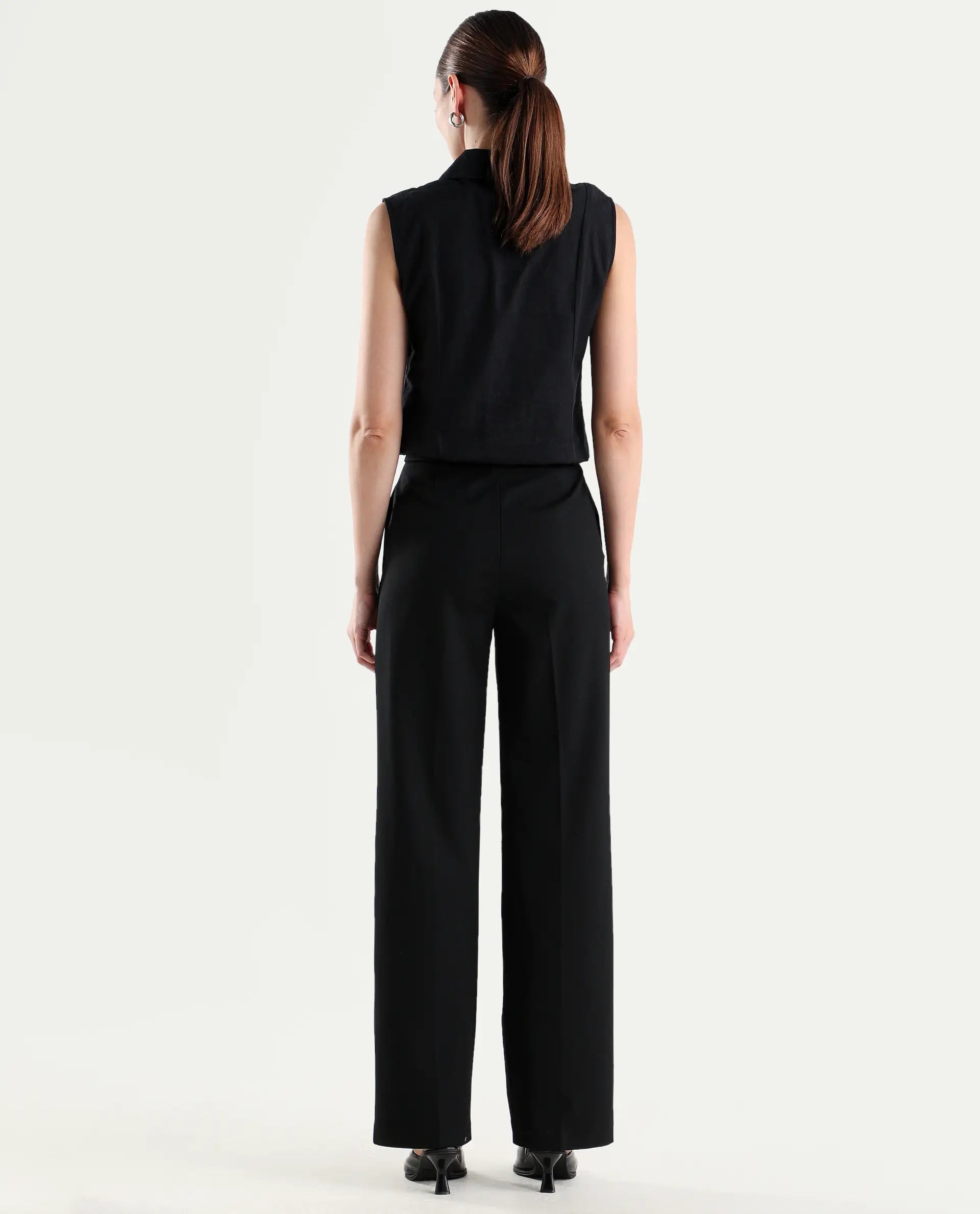 Rareism Women's Srait-1 Black Viscose Fabric Straight Plain Trouser