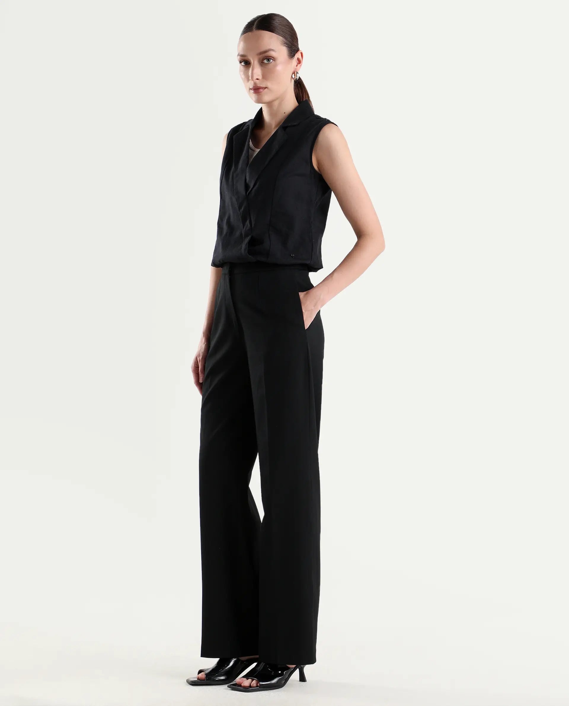 Rareism Women's Srait-1 Black Viscose Fabric Straight Plain Trouser