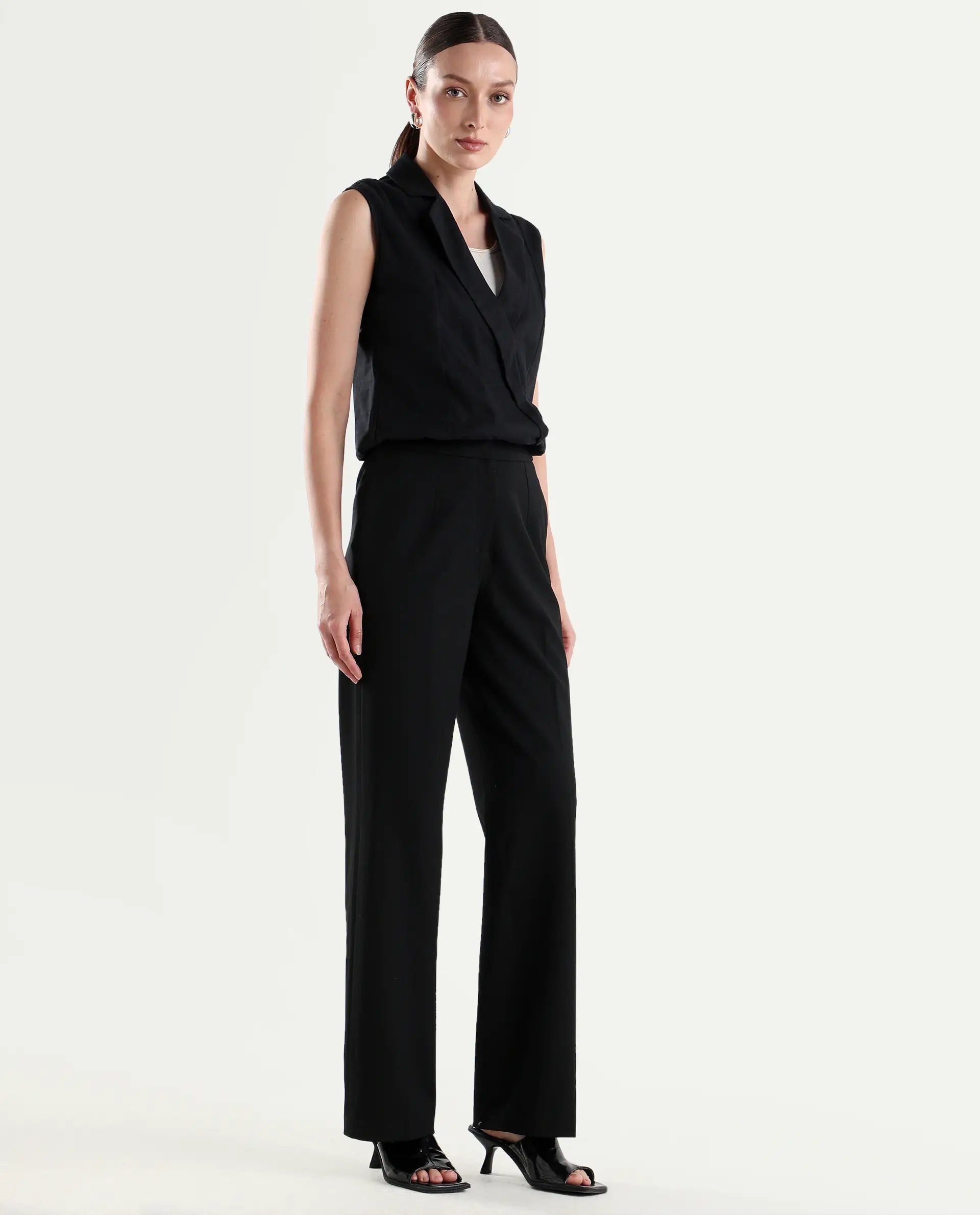 Rareism Women's Srait-1 Black Viscose Fabric Straight Plain Trouser