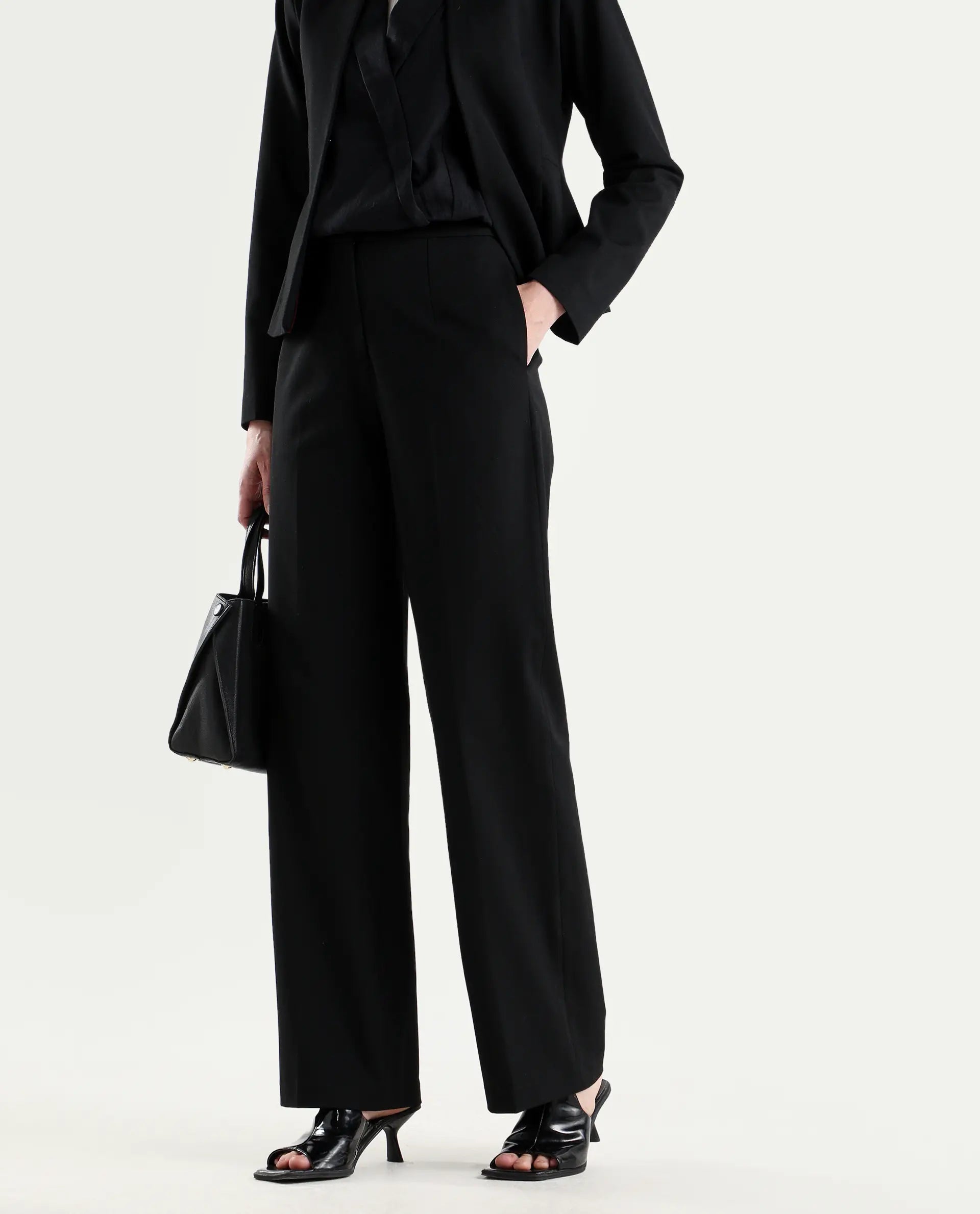 Rareism Women's Srait-1 Black Viscose Fabric Straight Plain Trouser