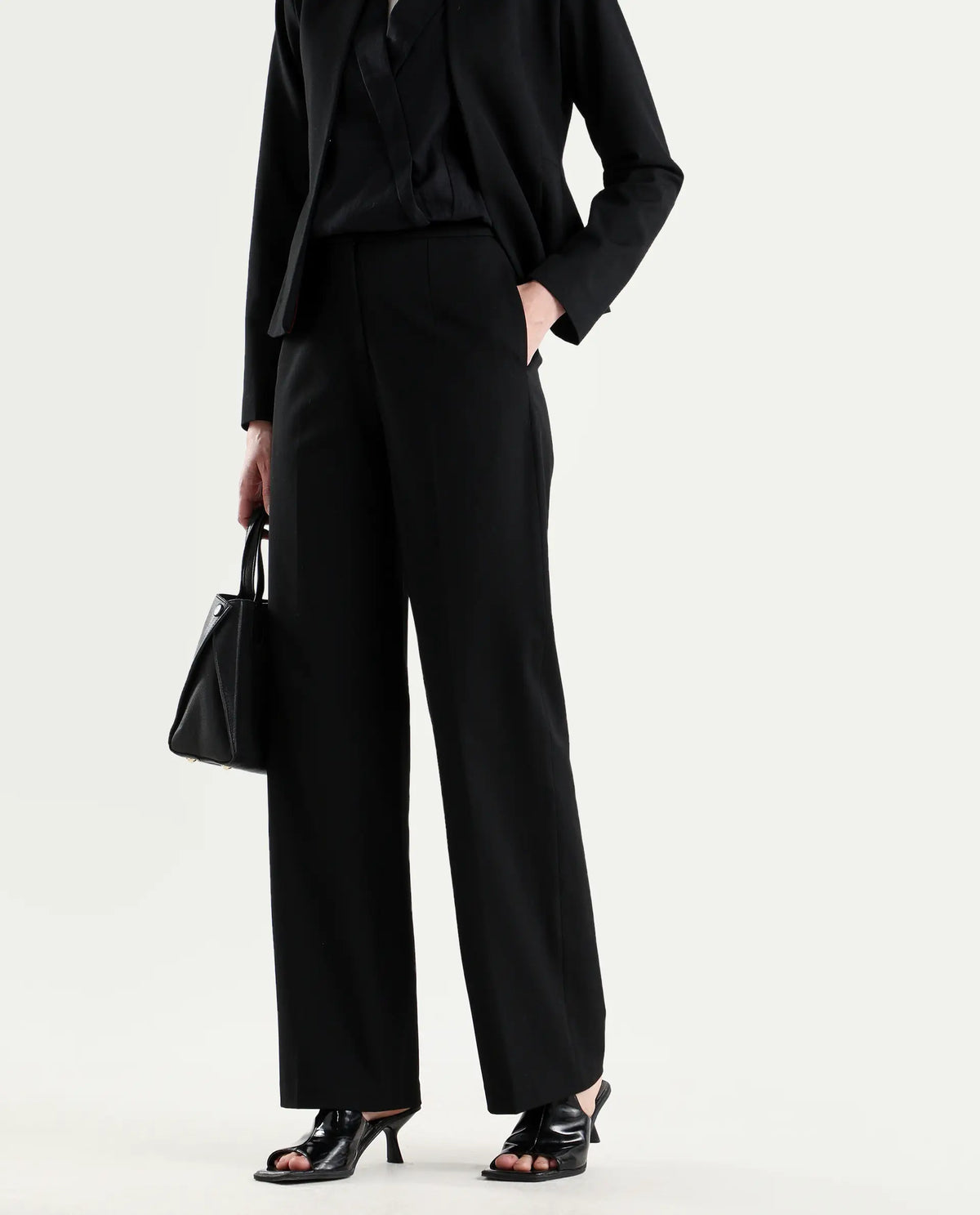 Rareism Women's Srait-1 Black Polyester Blend Fabric Straight Plain Trouser