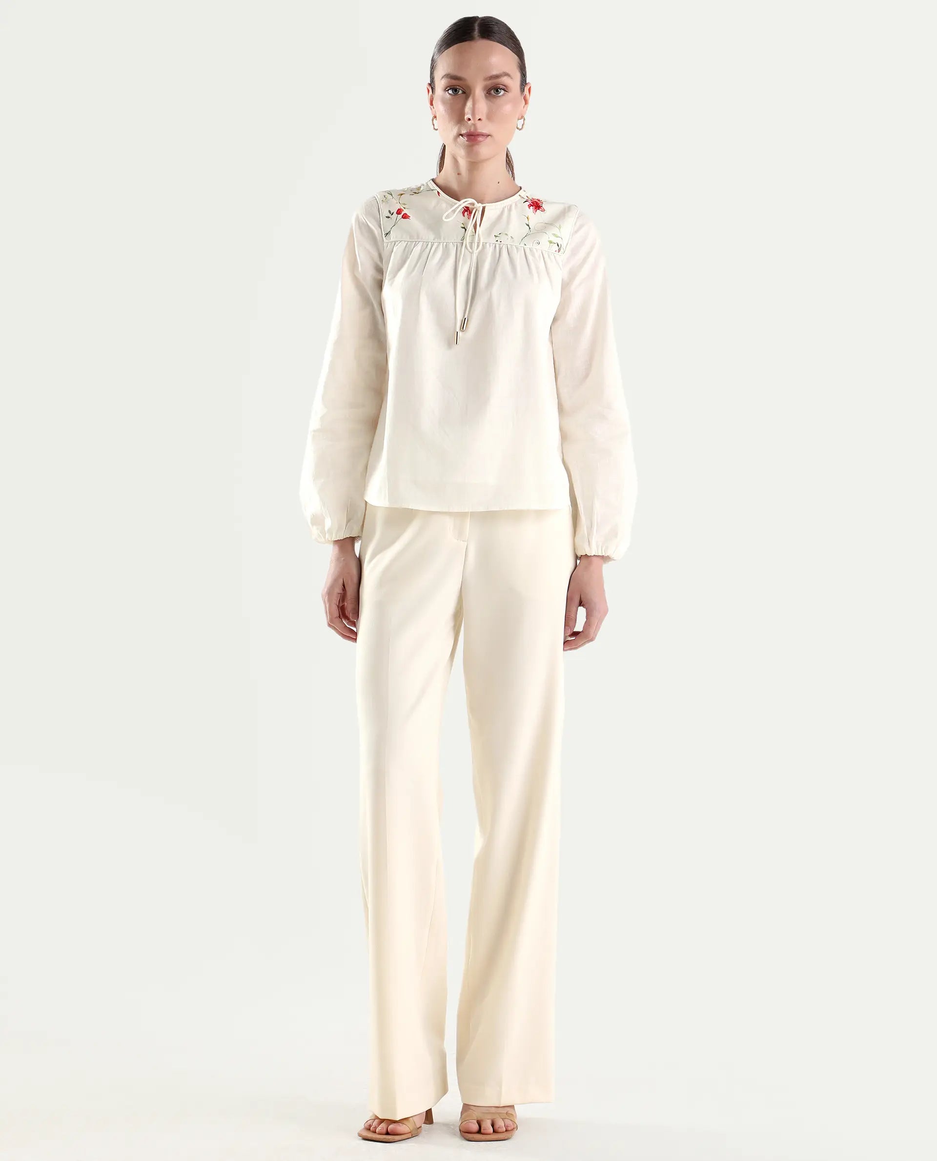 Rareism Women's Srait-1 Off White Viscose Fabric Straight Plain Trouser