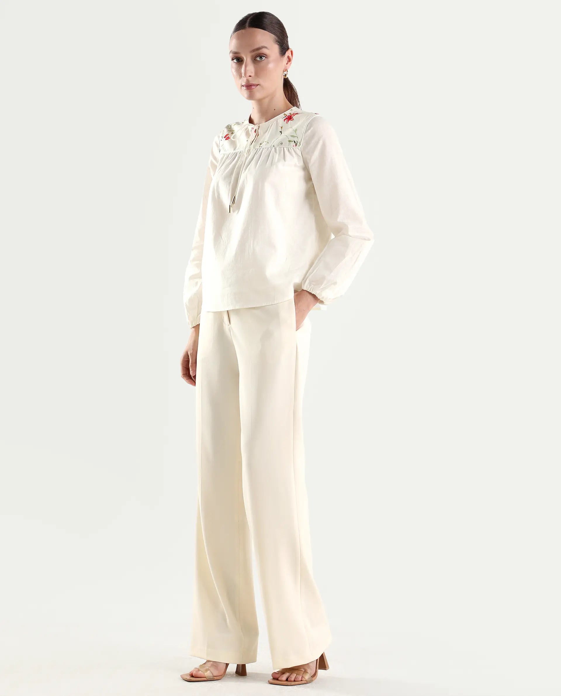 Rareism Women's Srait-1 Off White Viscose Fabric Straight Plain Trouser