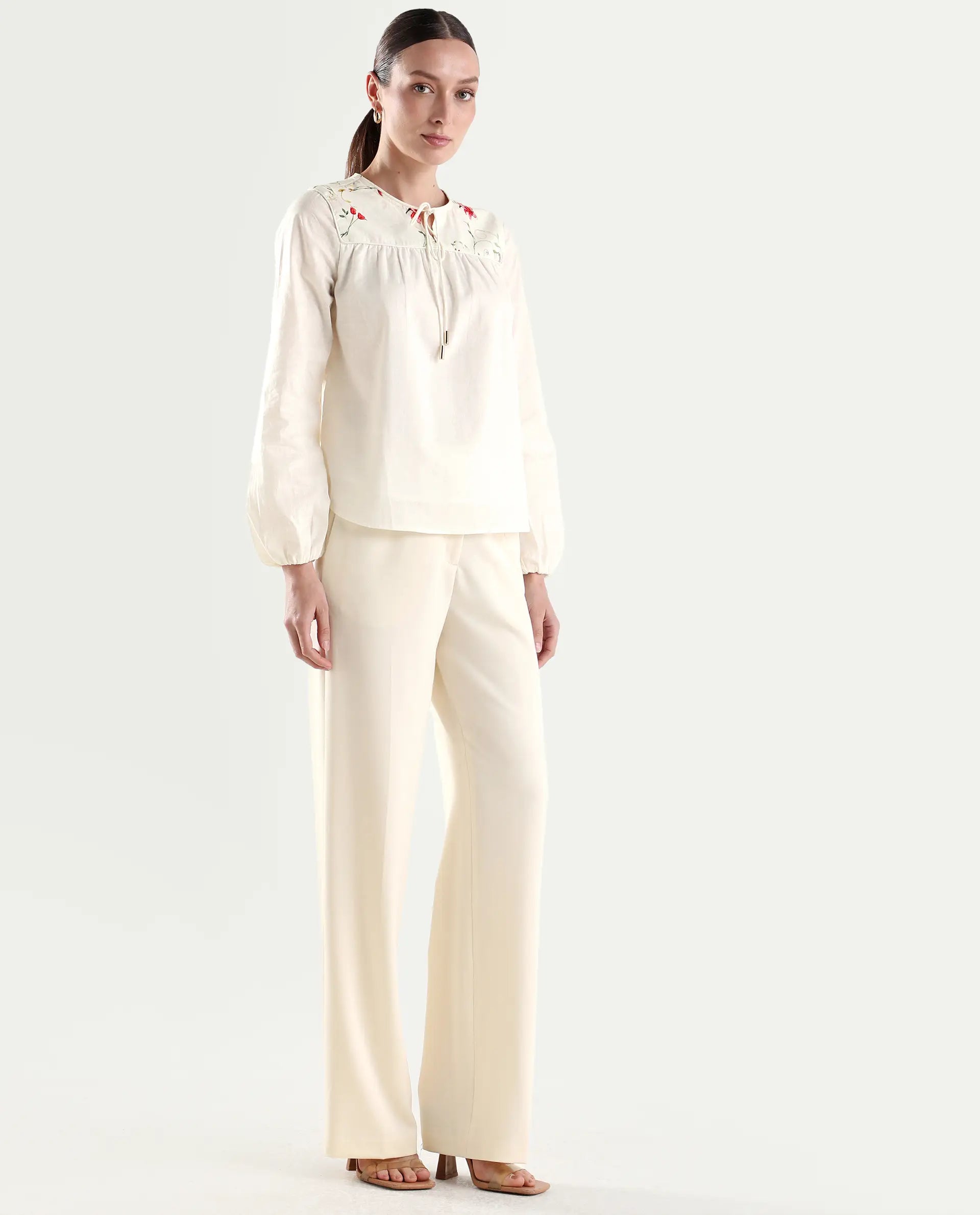 Rareism Women's Srait-1 Off White Viscose Fabric Straight Plain Trouser