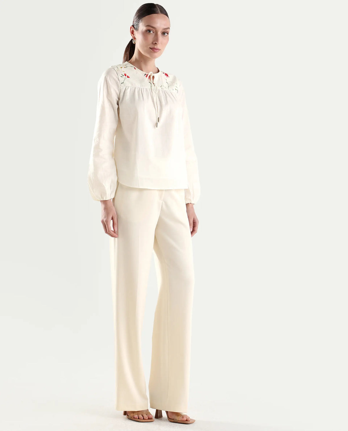 Rareism Women's Srait-1 Off White Polyester Blend Fabric Straight Plain Trouser