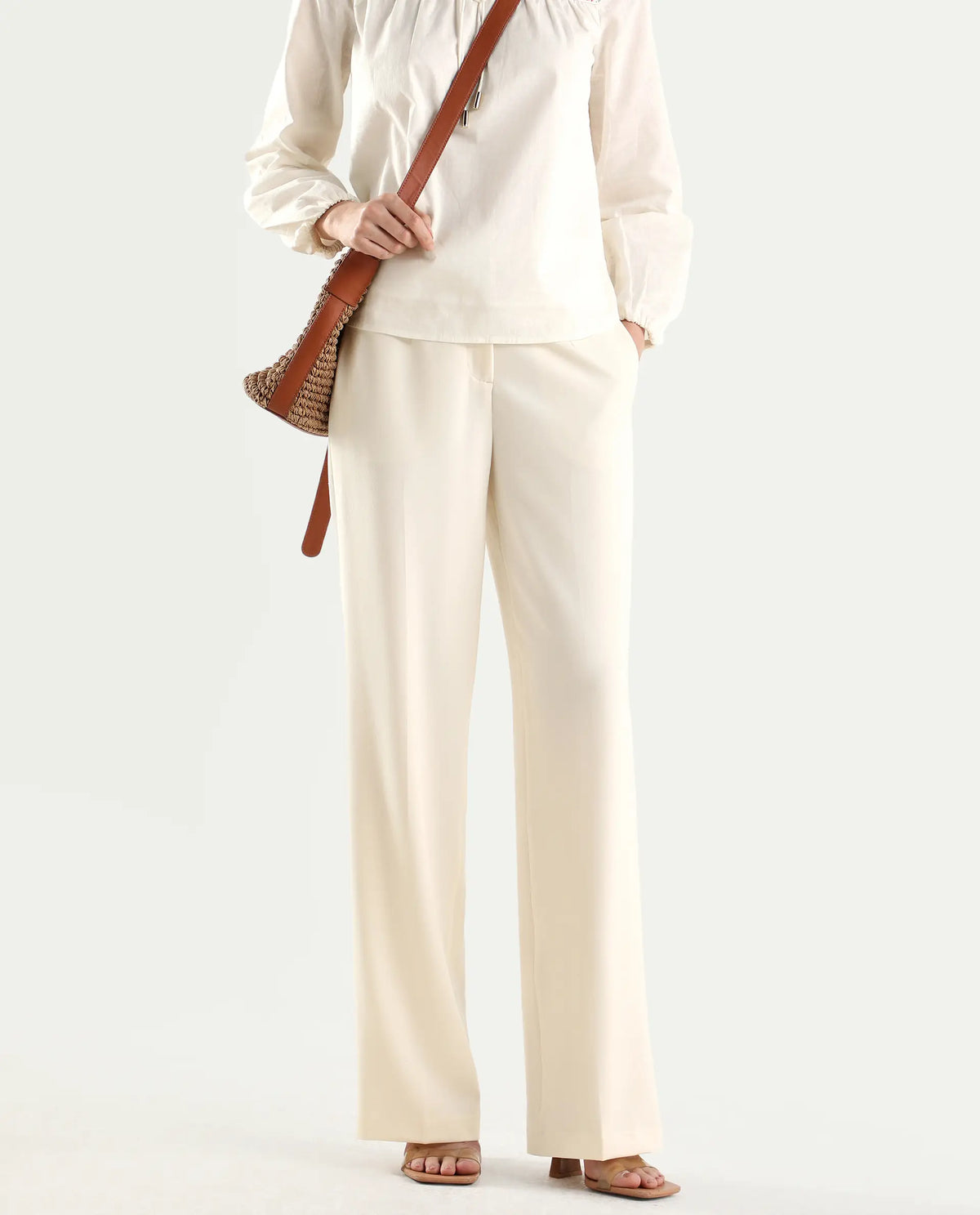 Rareism Women's Srait-1 Off White Polyester Blend Fabric Straight Plain Trouser
