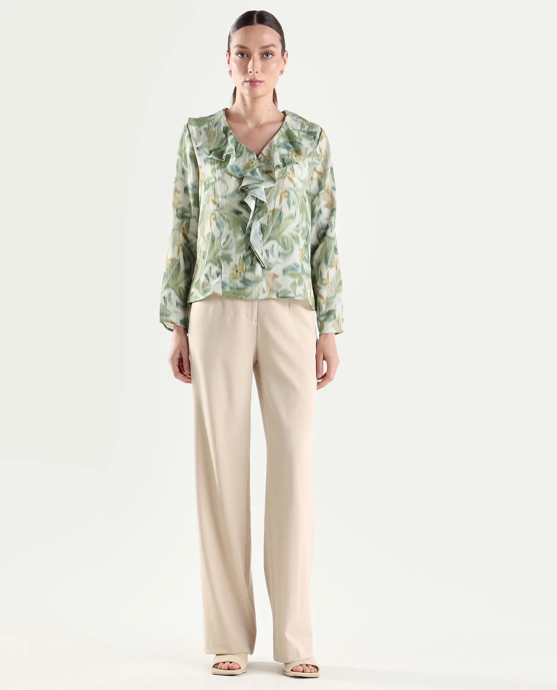 Rareism Women's Srait-1 Beige Polyester Blend Fabric Straight Plain Trouser