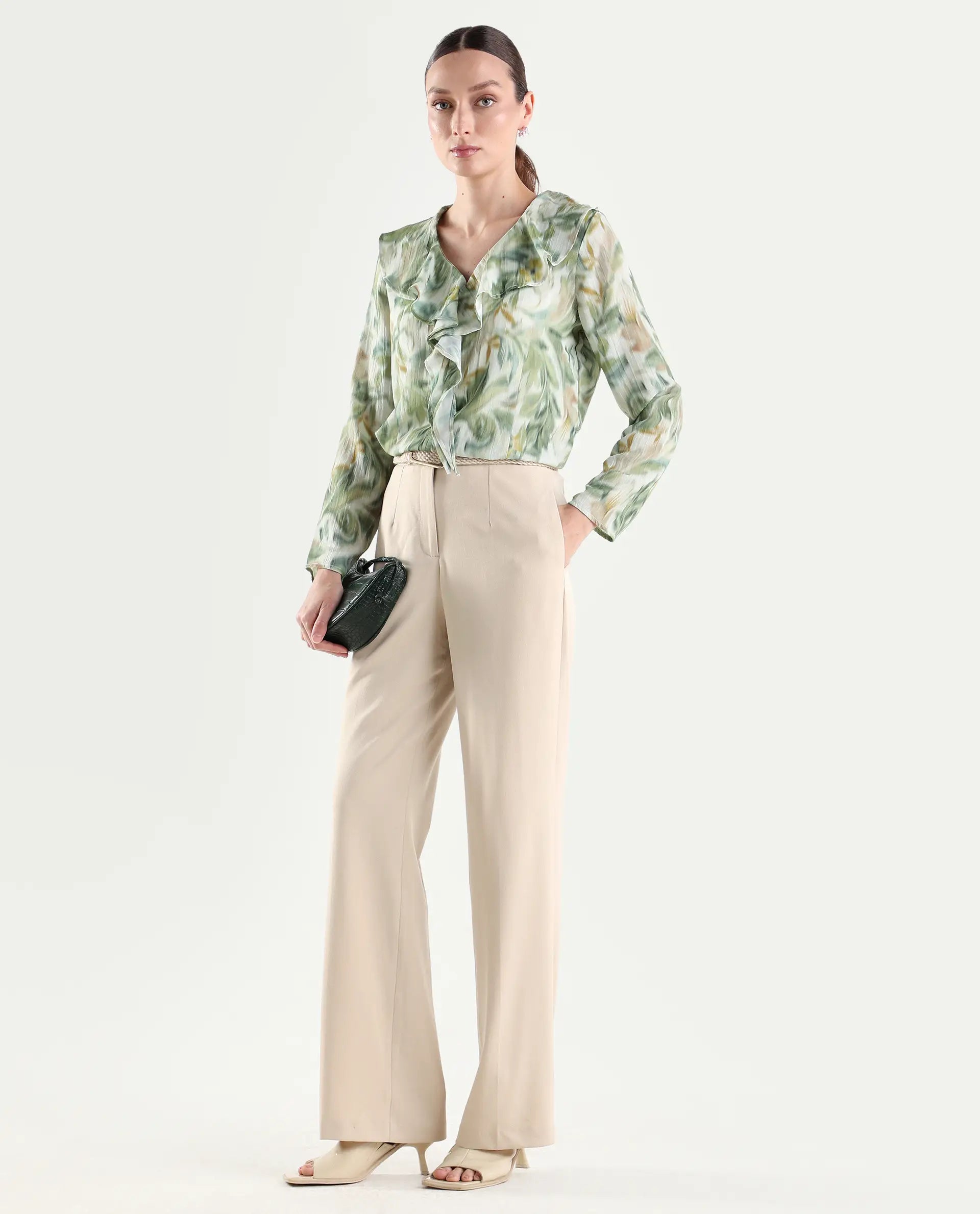 Rareism Women's Srait-1 Beige Viscose Fabric Straight Plain Trouser