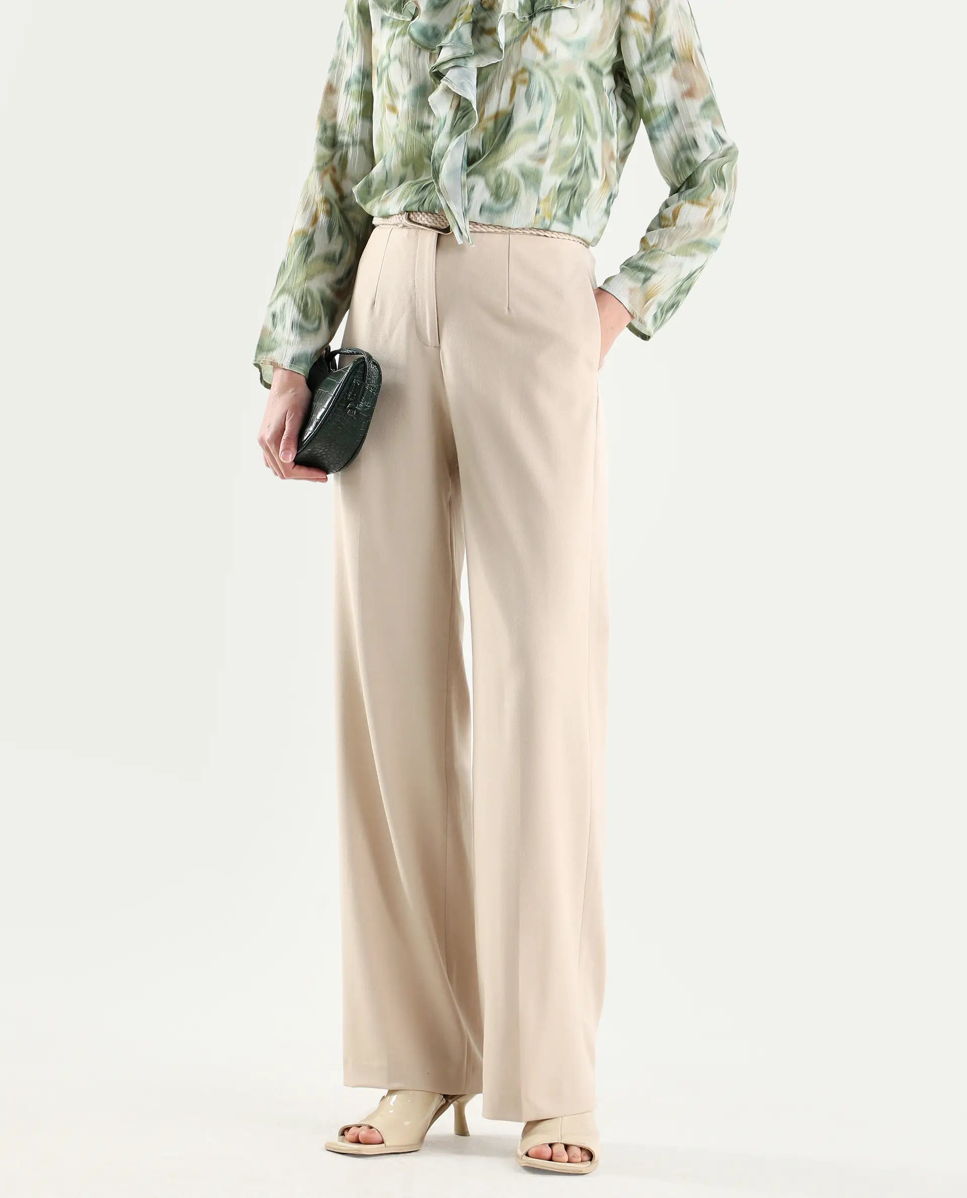 Rareism Women's Srait-1 Beige Polyester Blend Fabric Straight Plain Trouser
