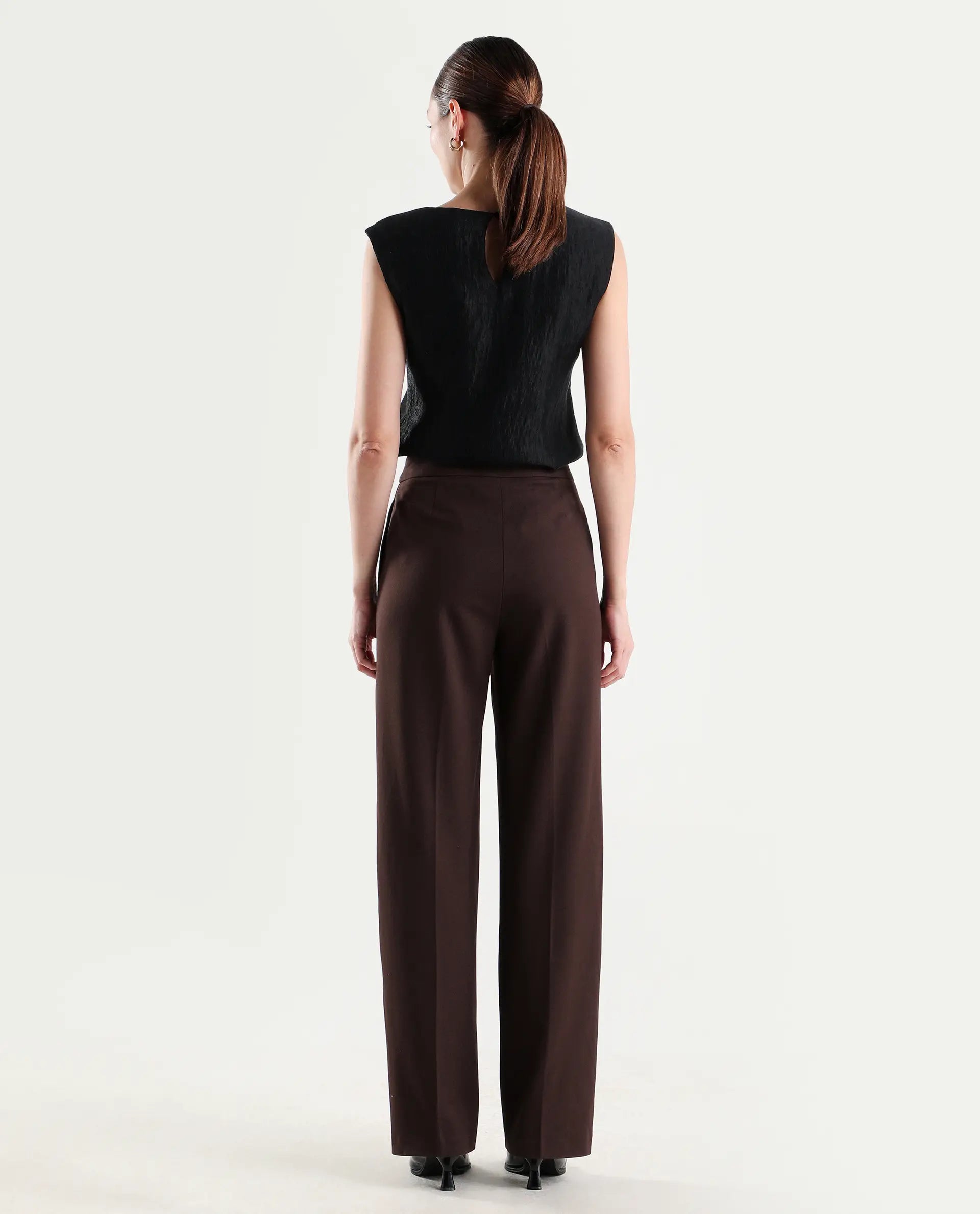 Rareism Women's Srait-1 Brown Polyester Blend Fabric Straight Plain Trouser