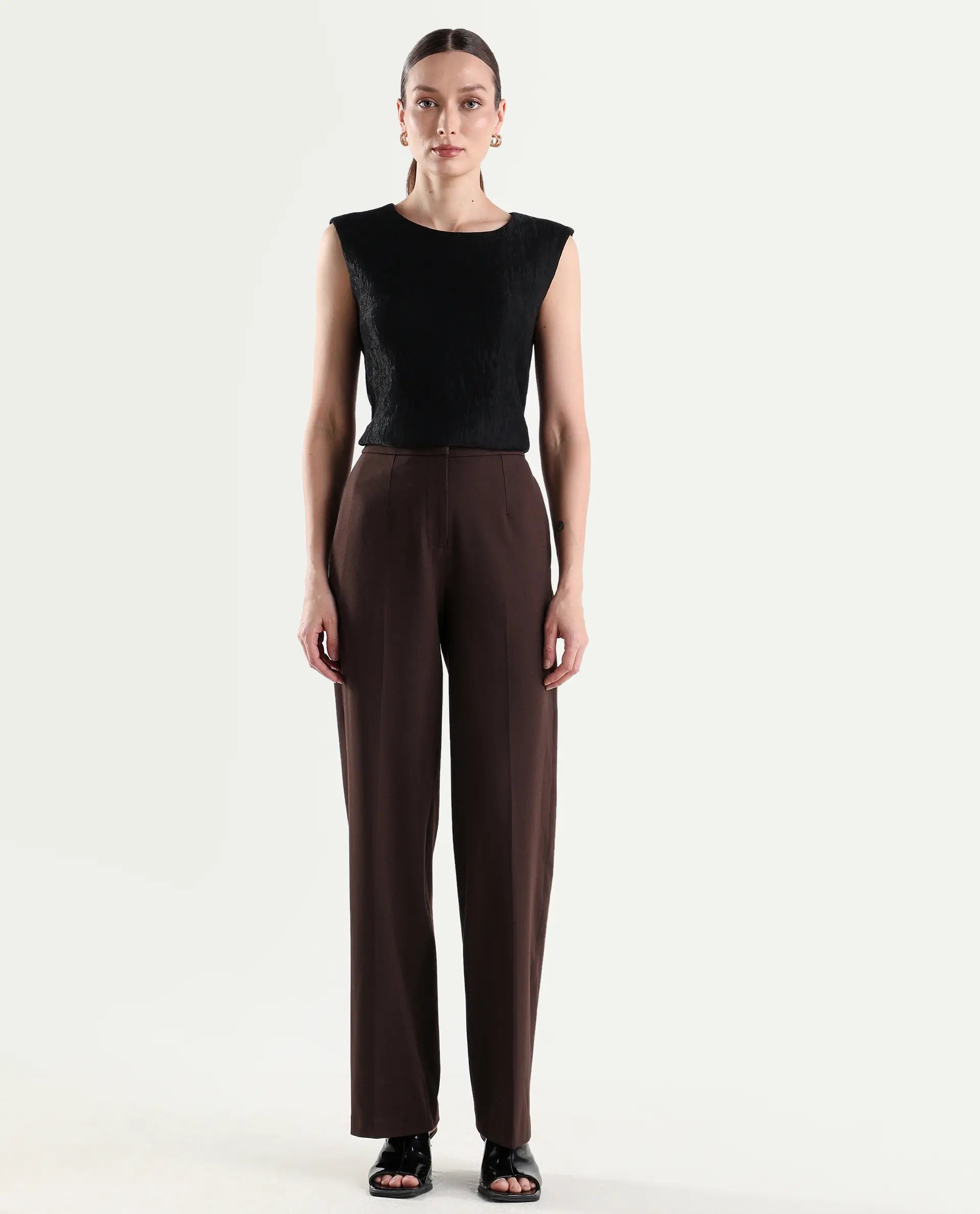 Rareism Women's Srait-1 Brown Viscose Fabric Straight Plain Trouser