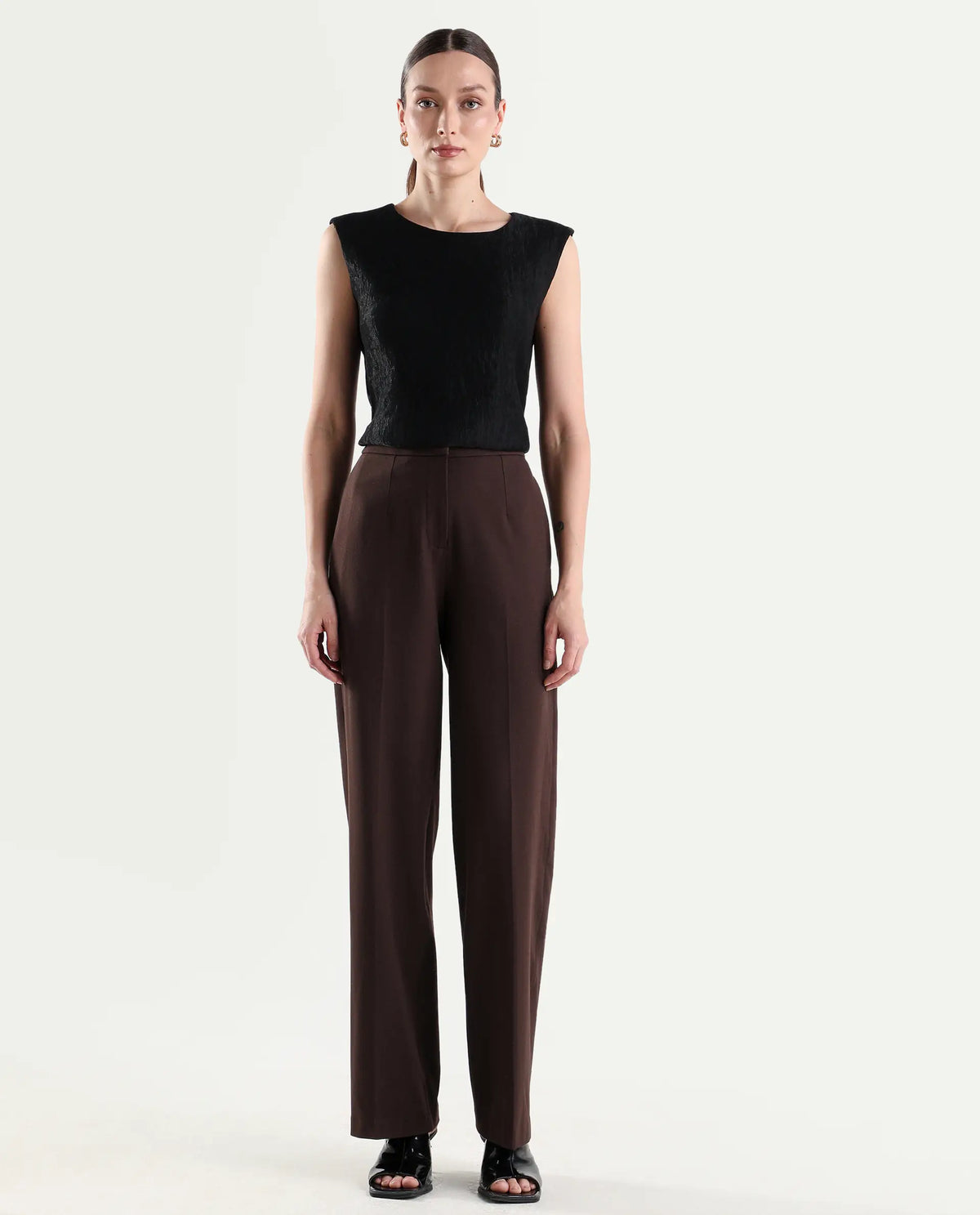Rareism Women's Srait-1 Brown Polyester Blend Fabric Straight Plain Trouser