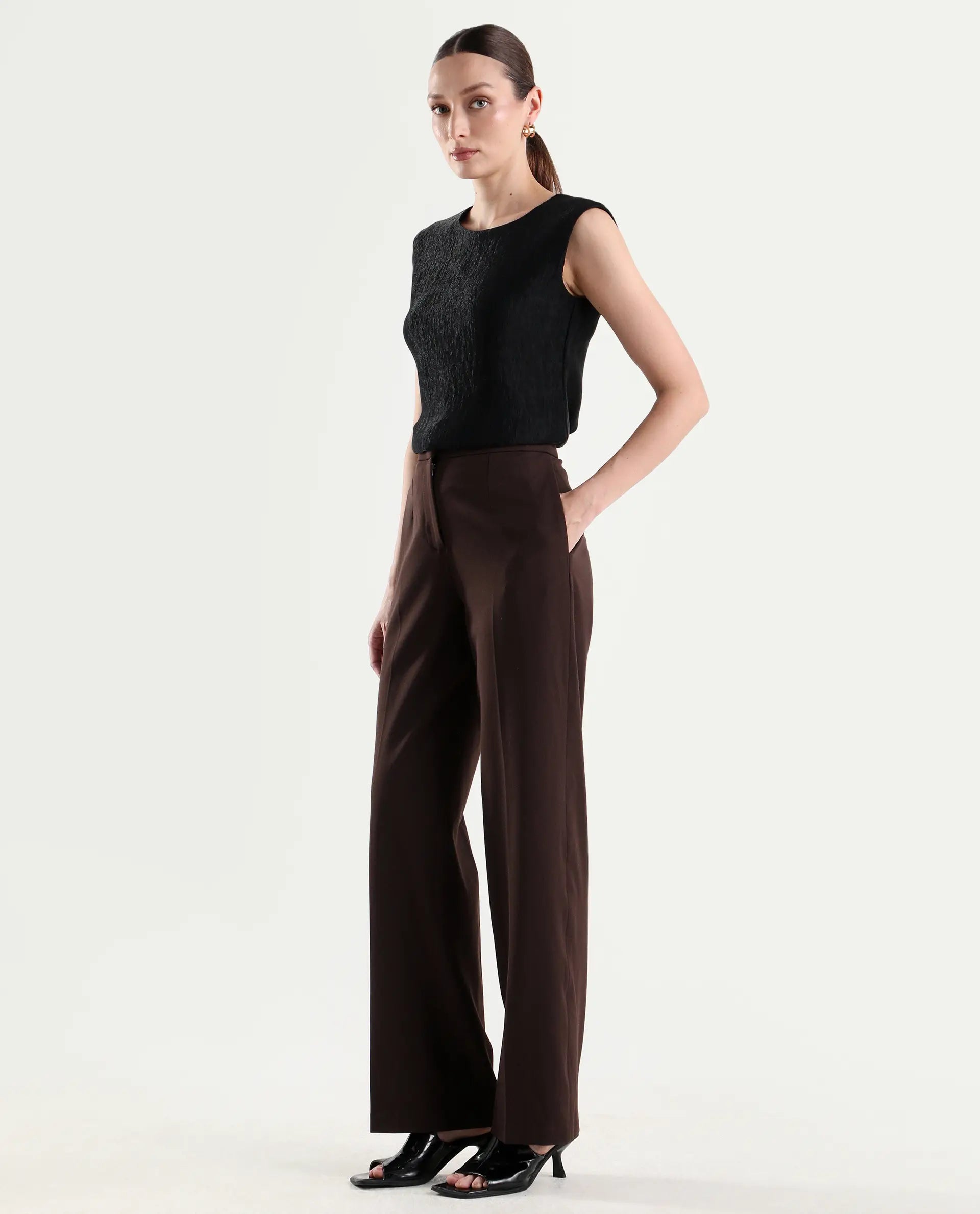 Rareism Women's Srait-1 Brown Polyester Blend Fabric Straight Plain Trouser