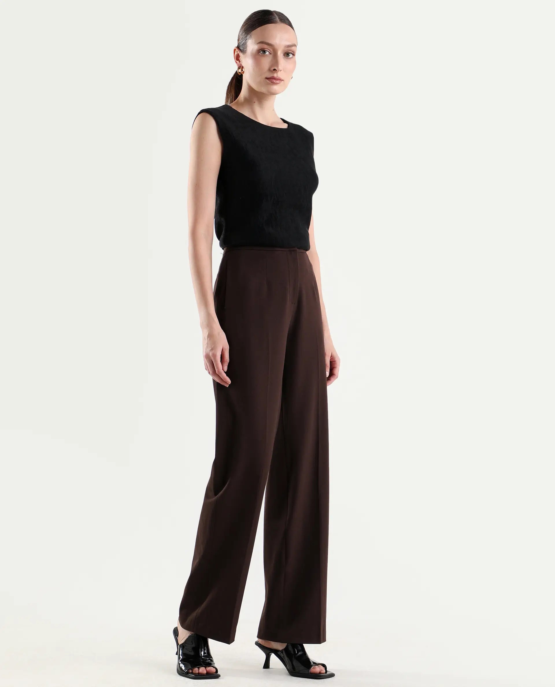 Rareism Women's Srait-1 Brown Viscose Fabric Straight Plain Trouser