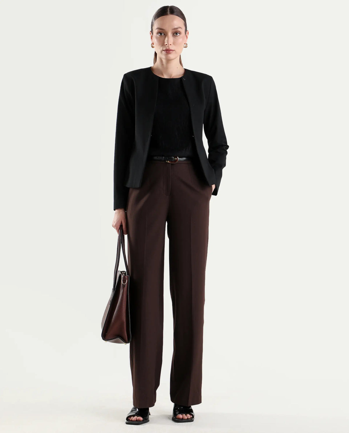Rareism Women's Srait-1 Brown Polyester Blend Fabric Straight Plain Trouser