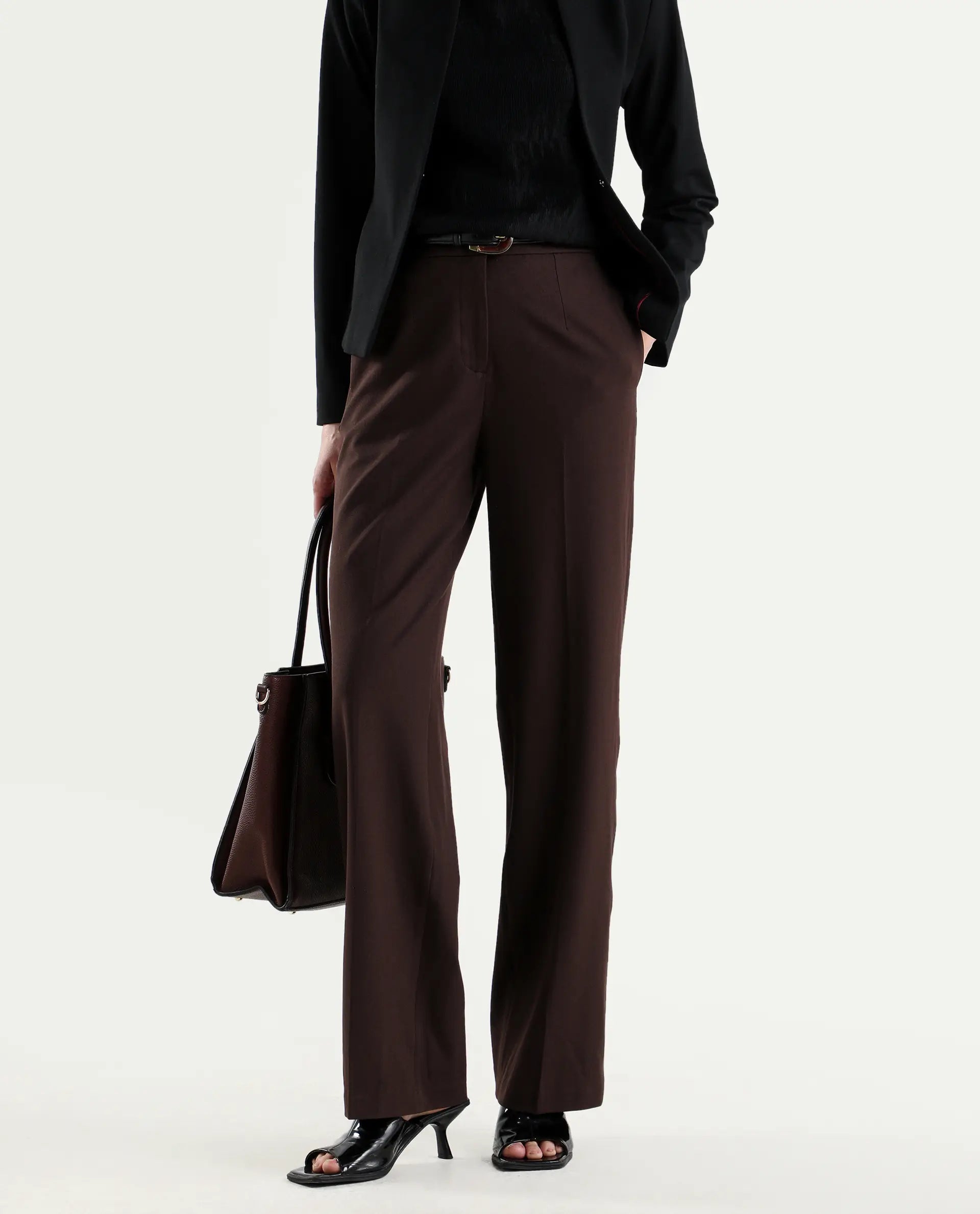 Rareism Women's Srait-1 Brown Viscose Fabric Straight Plain Trouser