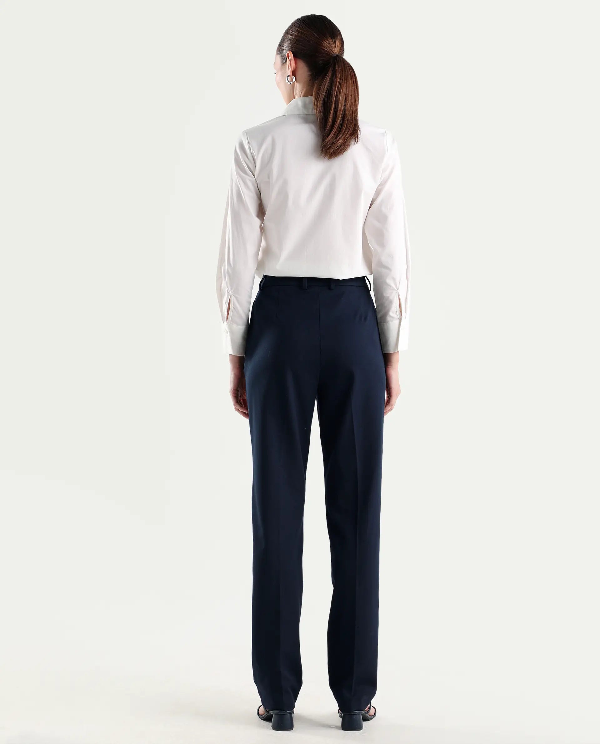 Rareism Women's Paper Navy Viscose Lycra Fabric Tapered Plain Trouser