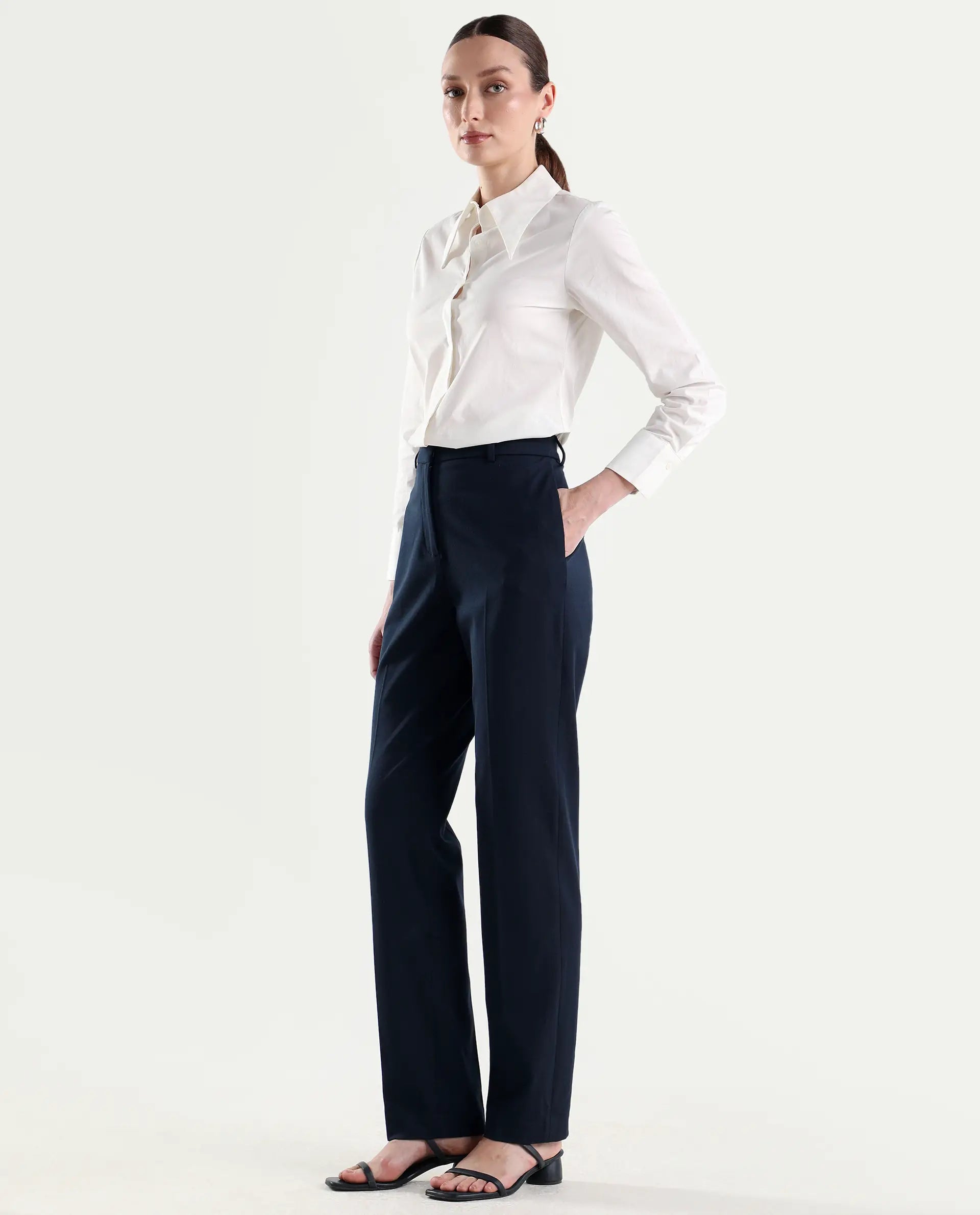 Rareism Women's Paper Navy Viscose Lycra Fabric Tapered Plain Trouser