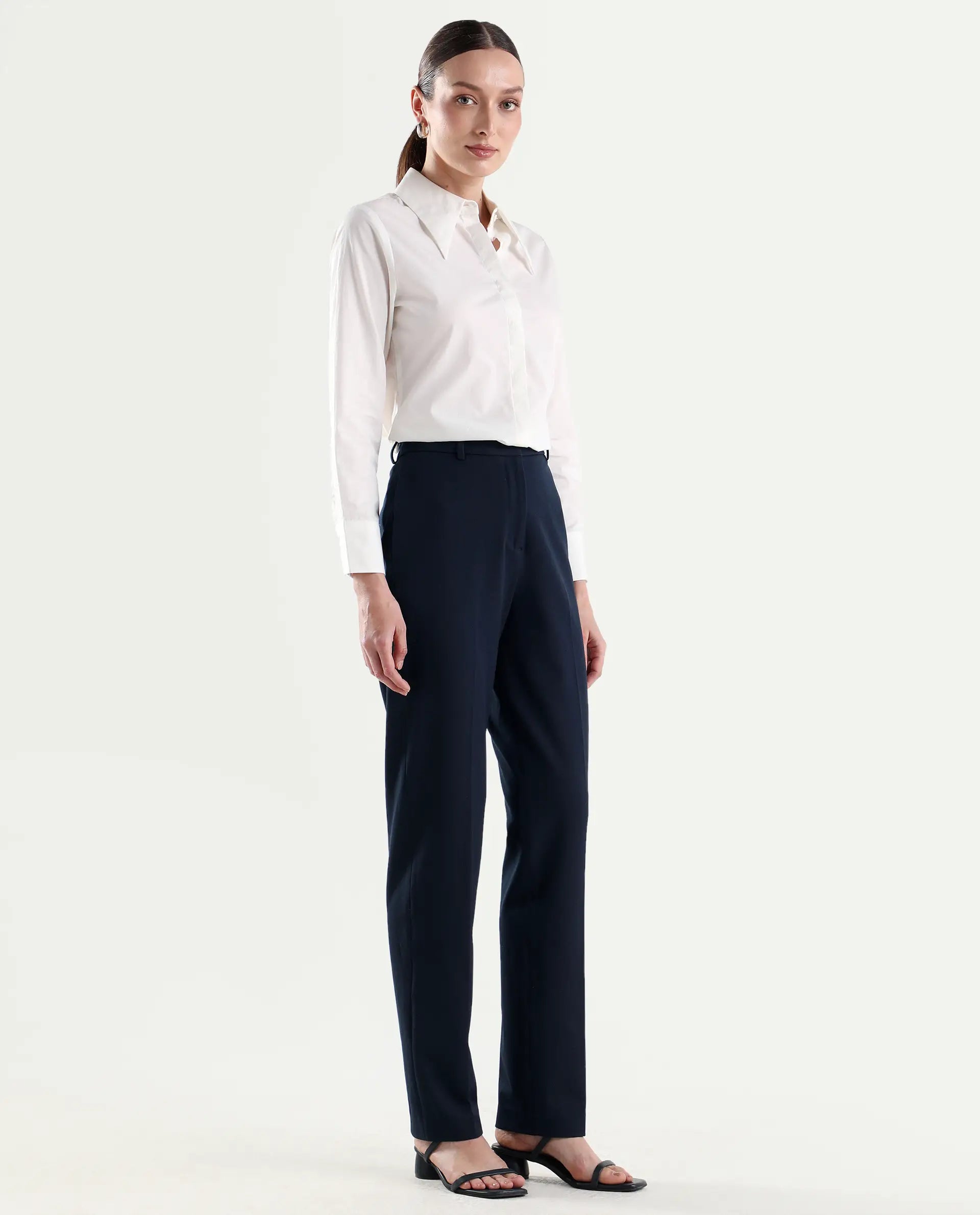 Rareism Women's Paper Navy Viscose Lycra Fabric Tapered Plain Trouser