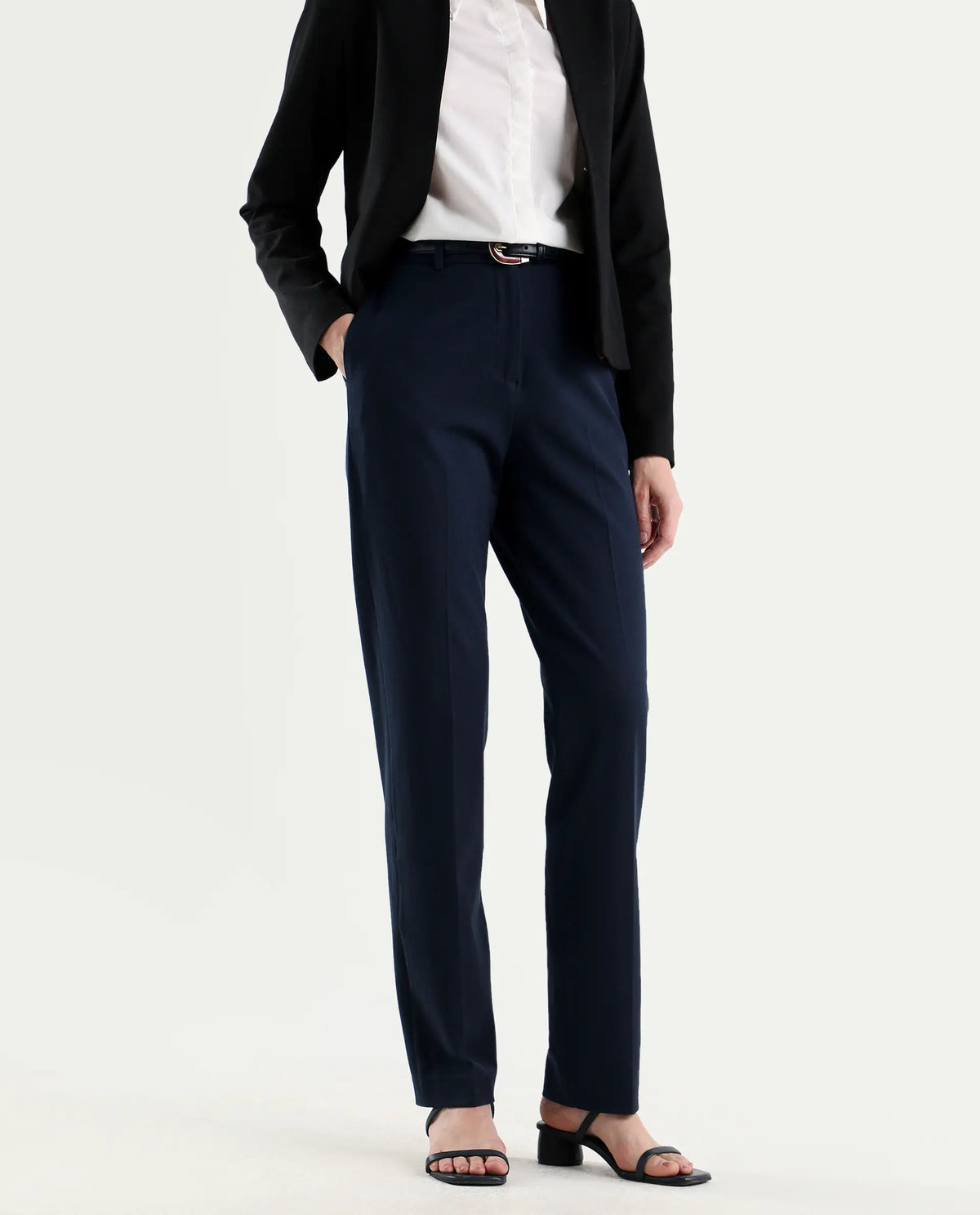 Rareism Women's Paper Navy Viscose Blend Fabric Tapered Plain Trouser