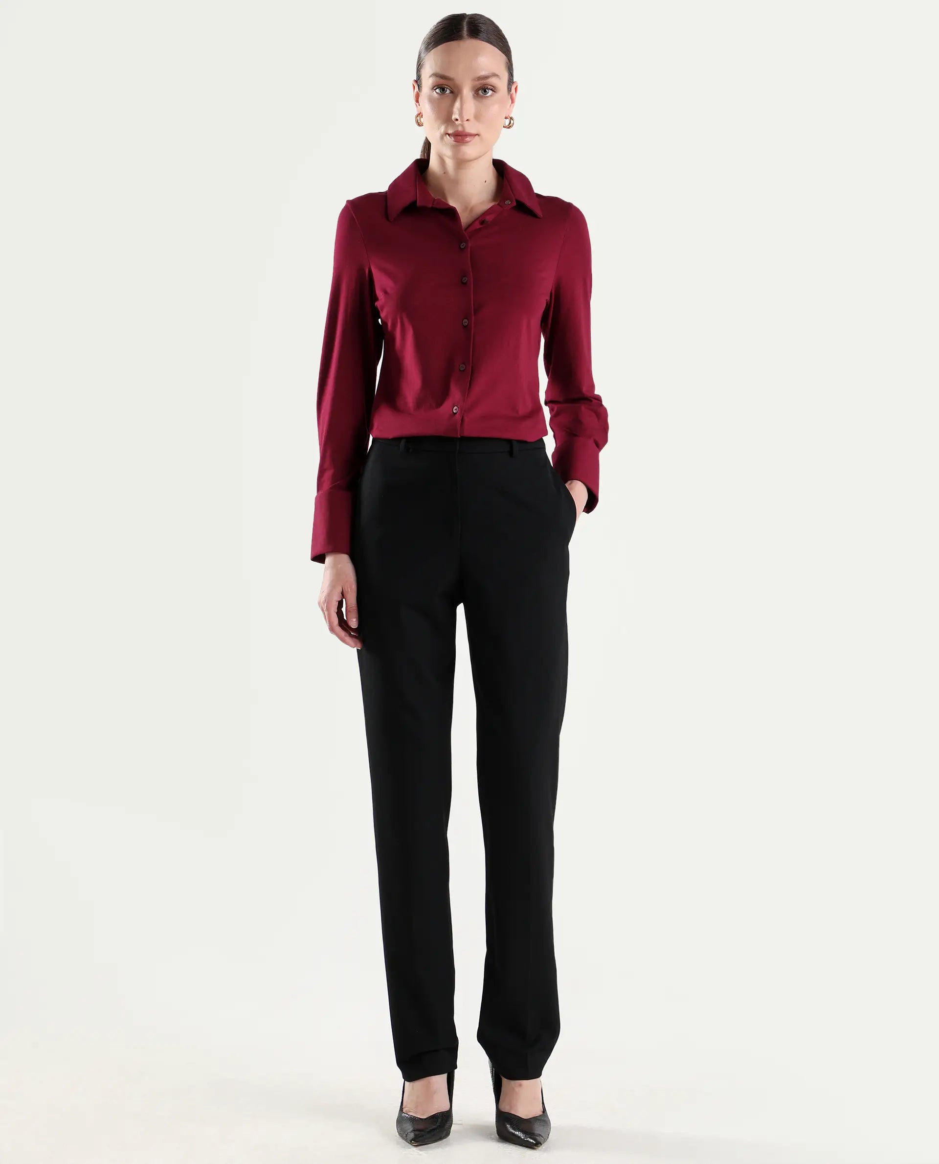 Rareism Women's Paper Black Viscose Lycra Tapered Plain Trouser