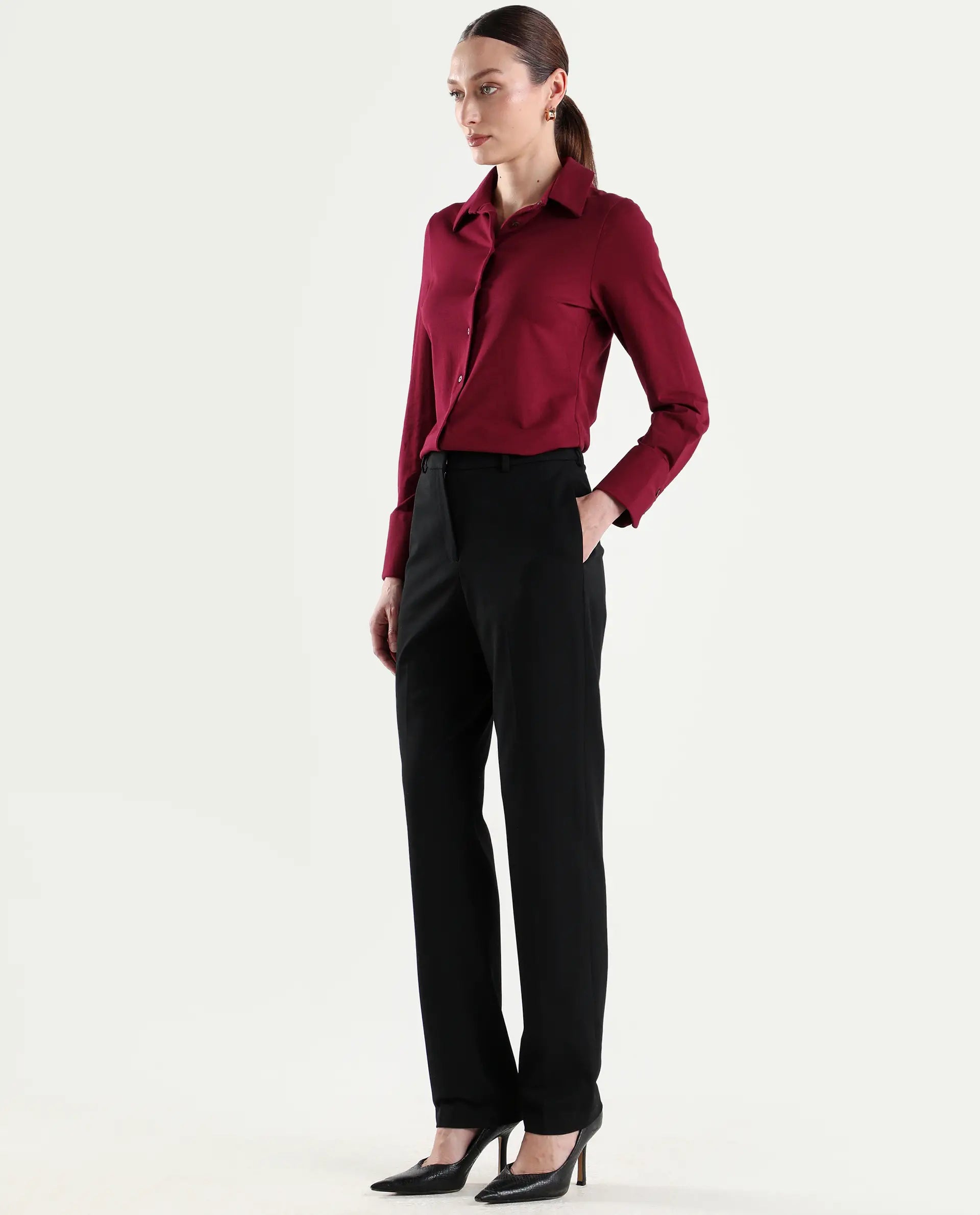 Rareism Women's Paper Black Viscose Lycra Tapered Plain Trouser