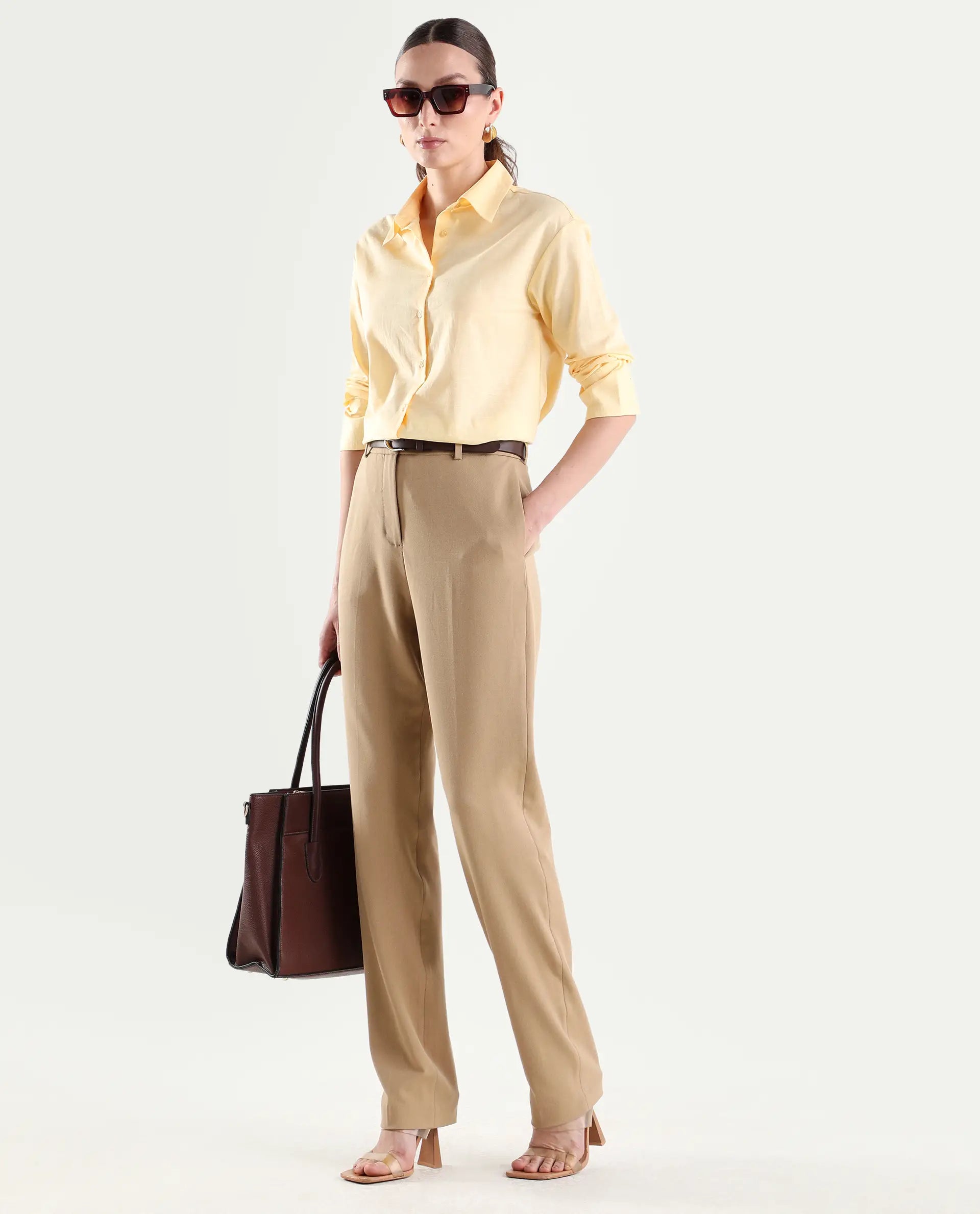 Rareism Women's Paper Khaki Polyester Blend Tapered Plain Trouser