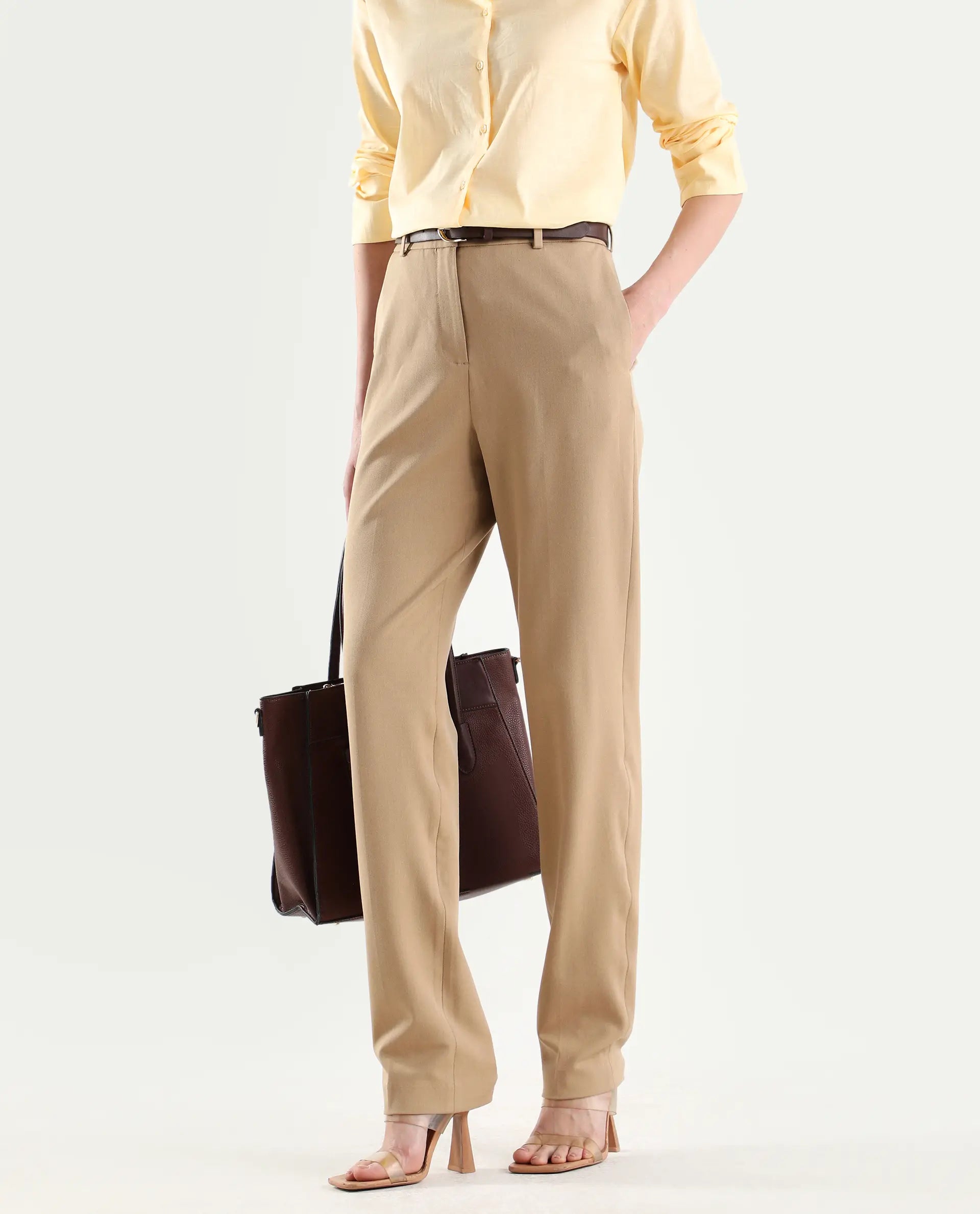 Rareism Women's Paper Khaki Polyester Blend Tapered Plain Trouser