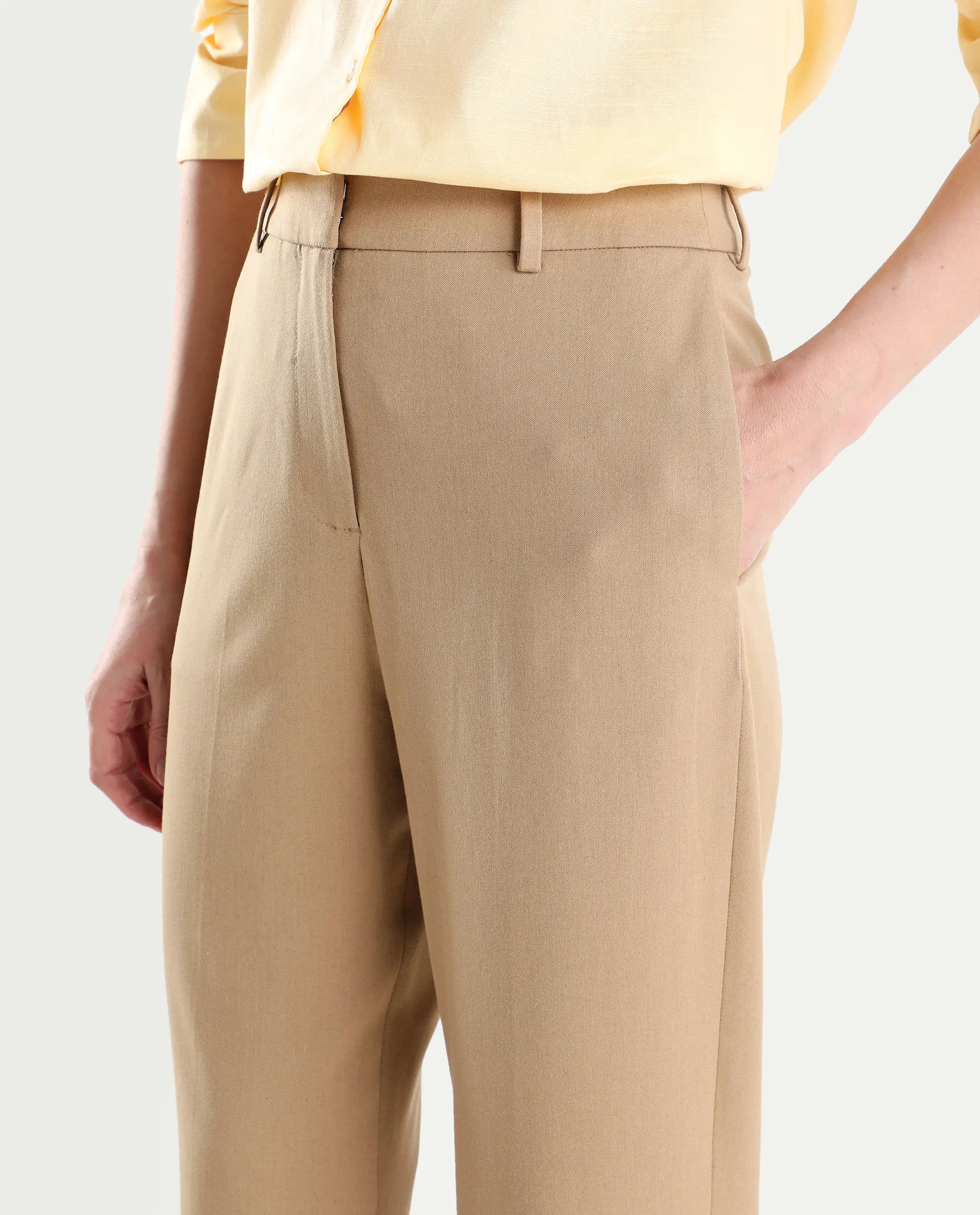 Rareism Women's Paper Khaki Polyester Blend Tapered Plain Trouser