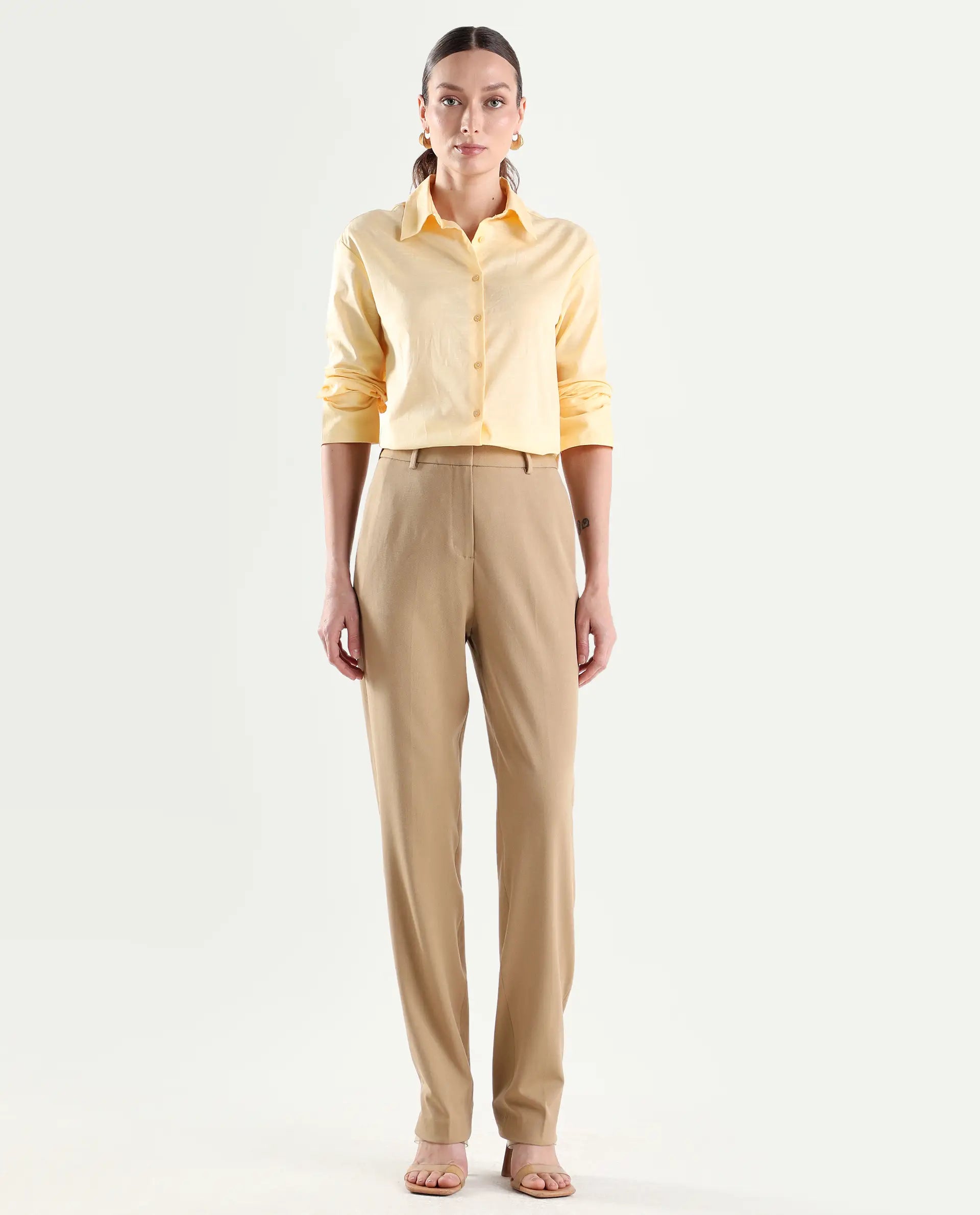 Rareism Women's Paper Khaki Polyester Blend Tapered Plain Trouser