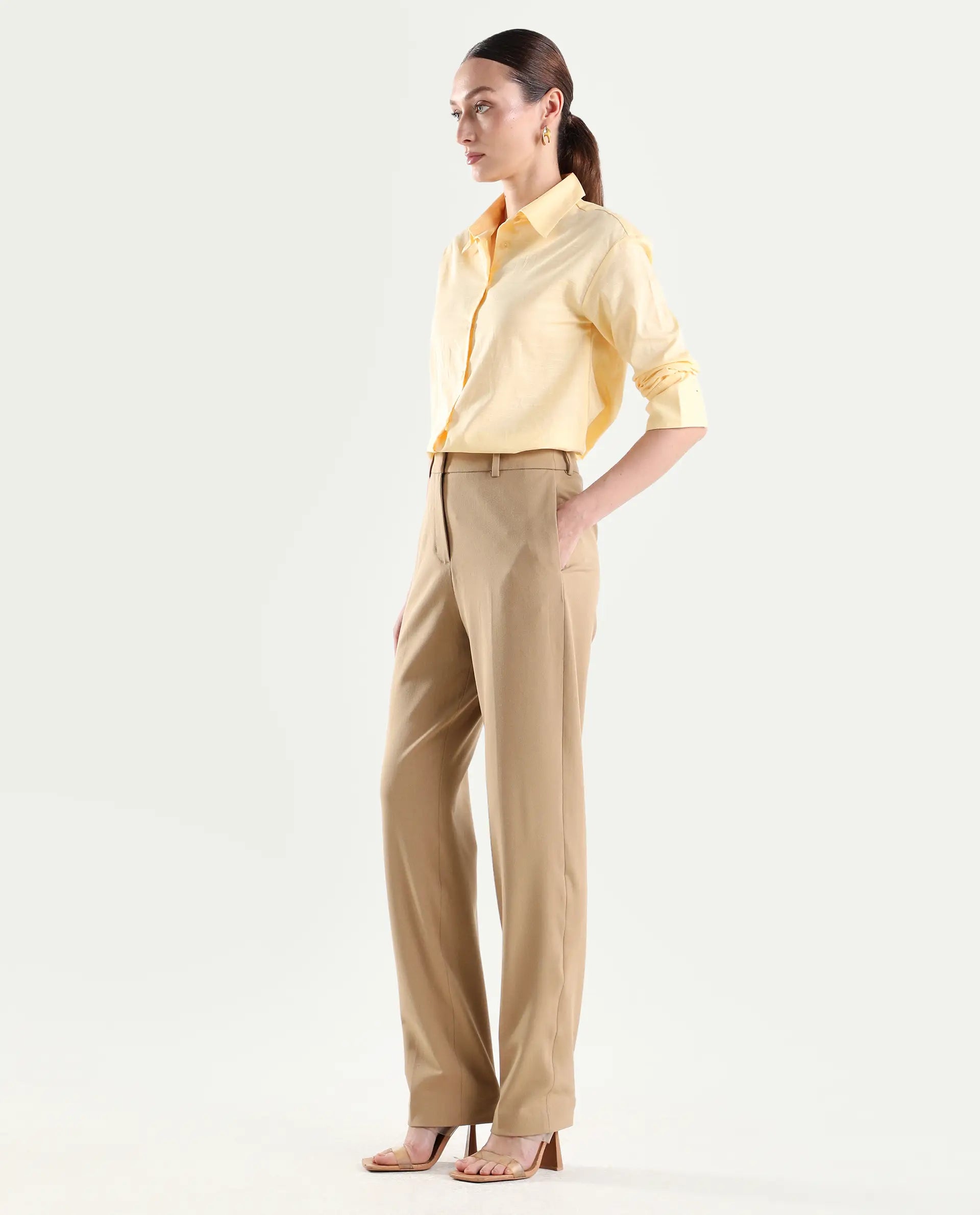 Rareism Women's Paper Khaki Polyester Blend Tapered Plain Trouser