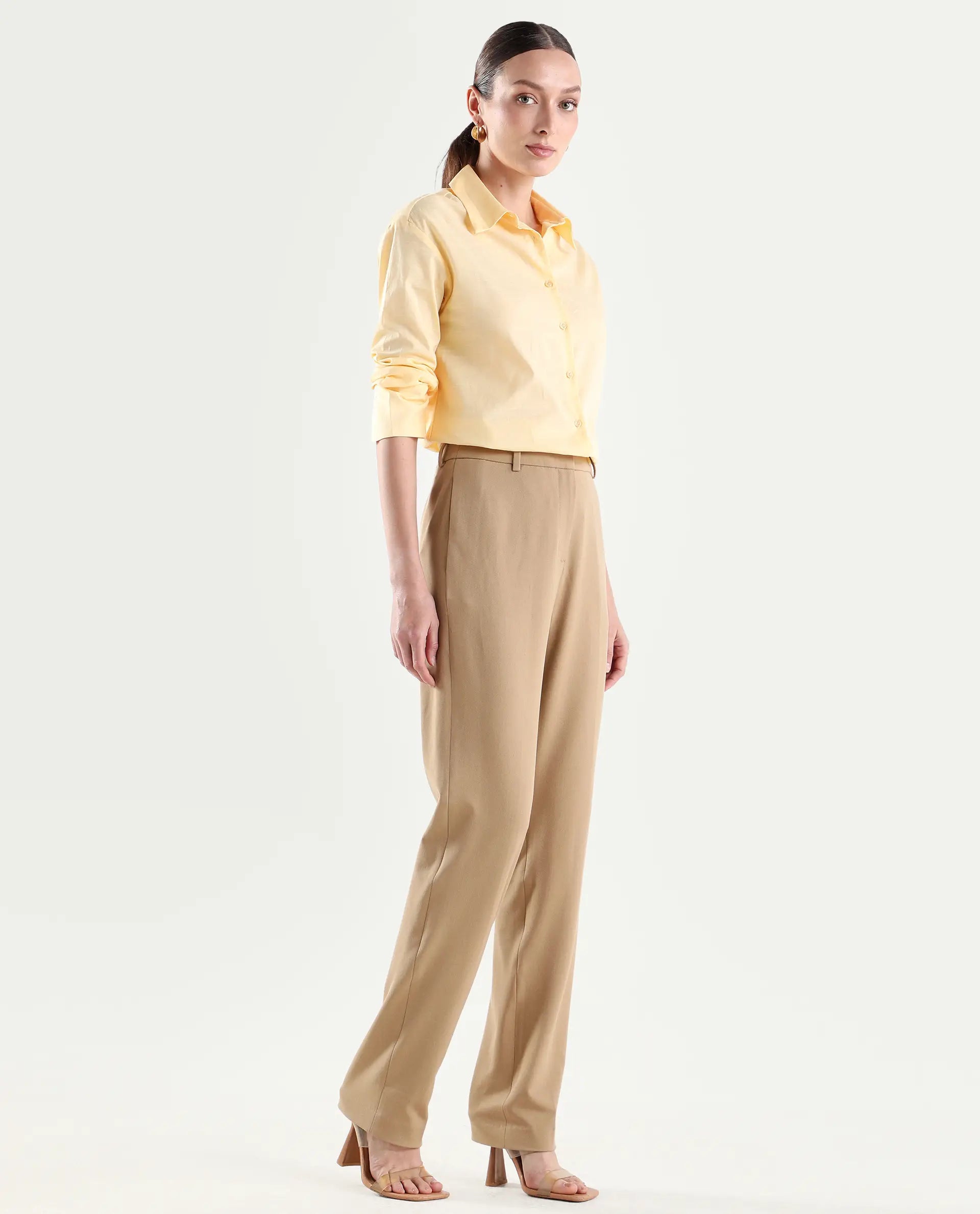 Rareism Women's Paper Khaki Polyester Blend Tapered Plain Trouser
