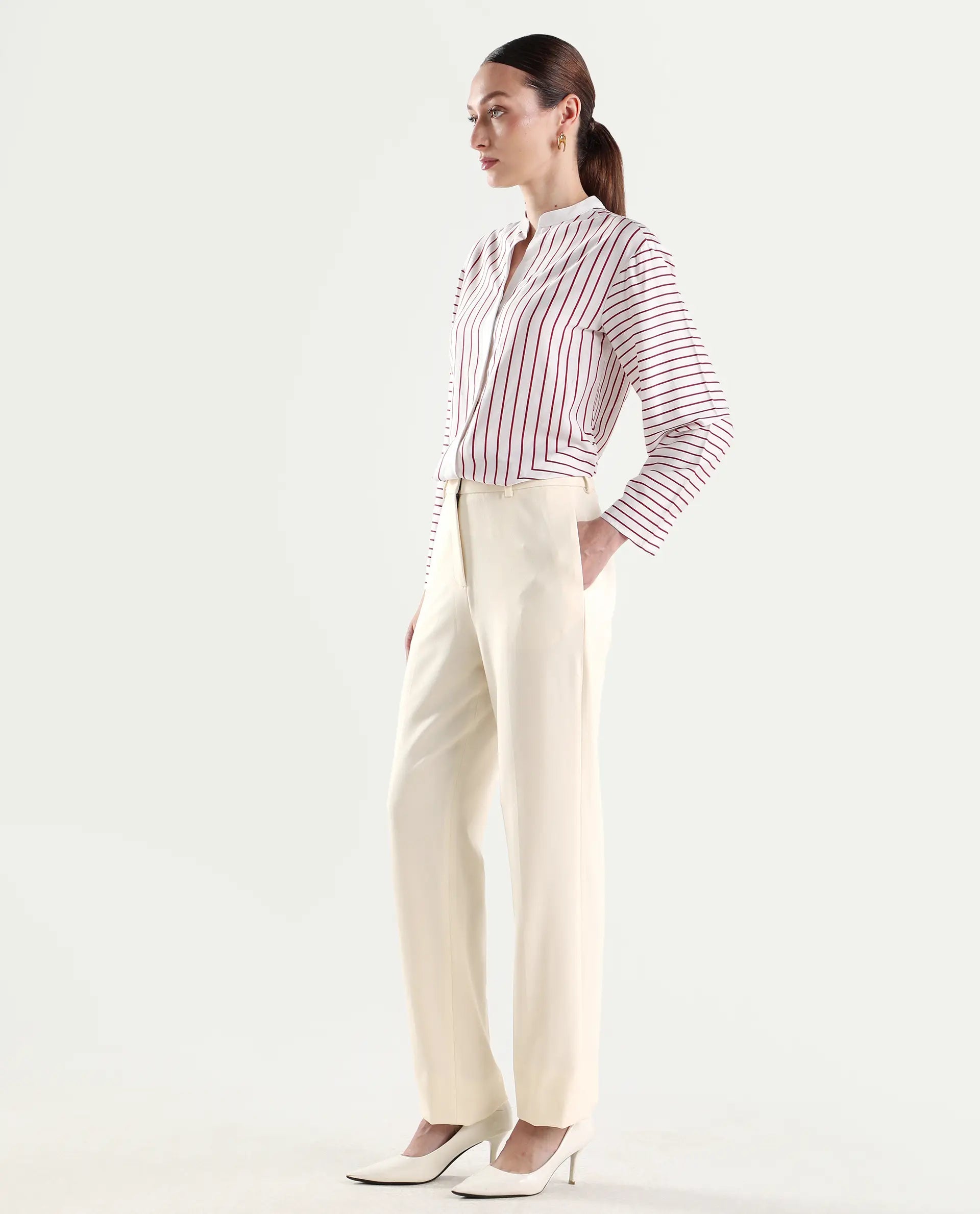 Rareism Women's Paper Off White Viscose Lycra Tapered Plain Trouser