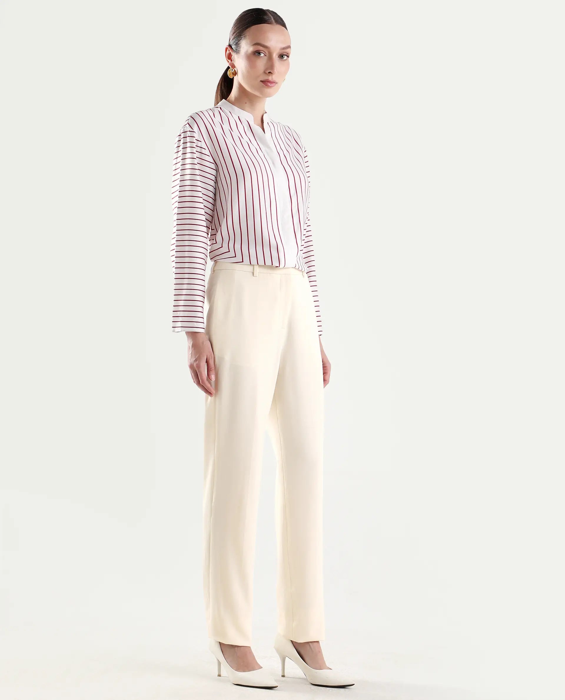 Rareism Women's Paper Off White Viscose Lycra Tapered Plain Trouser