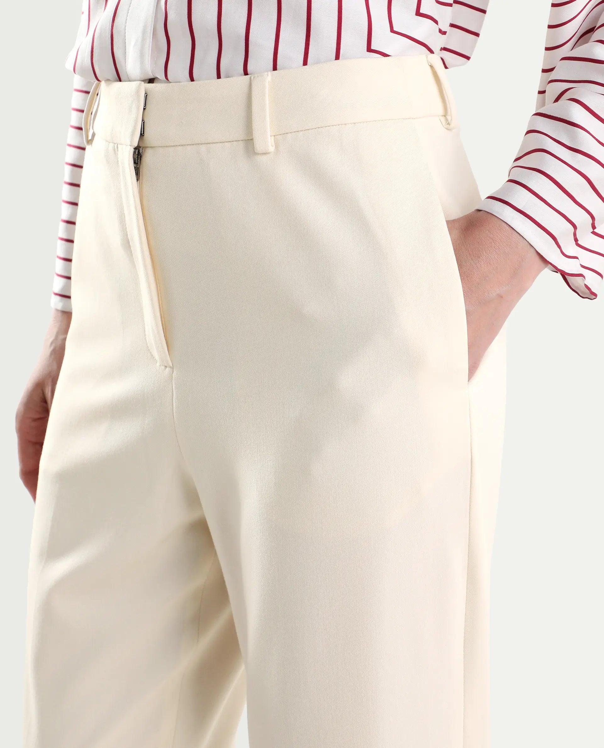 Rareism Women's Paper Off White Viscose Lycra Tapered Plain Trouser