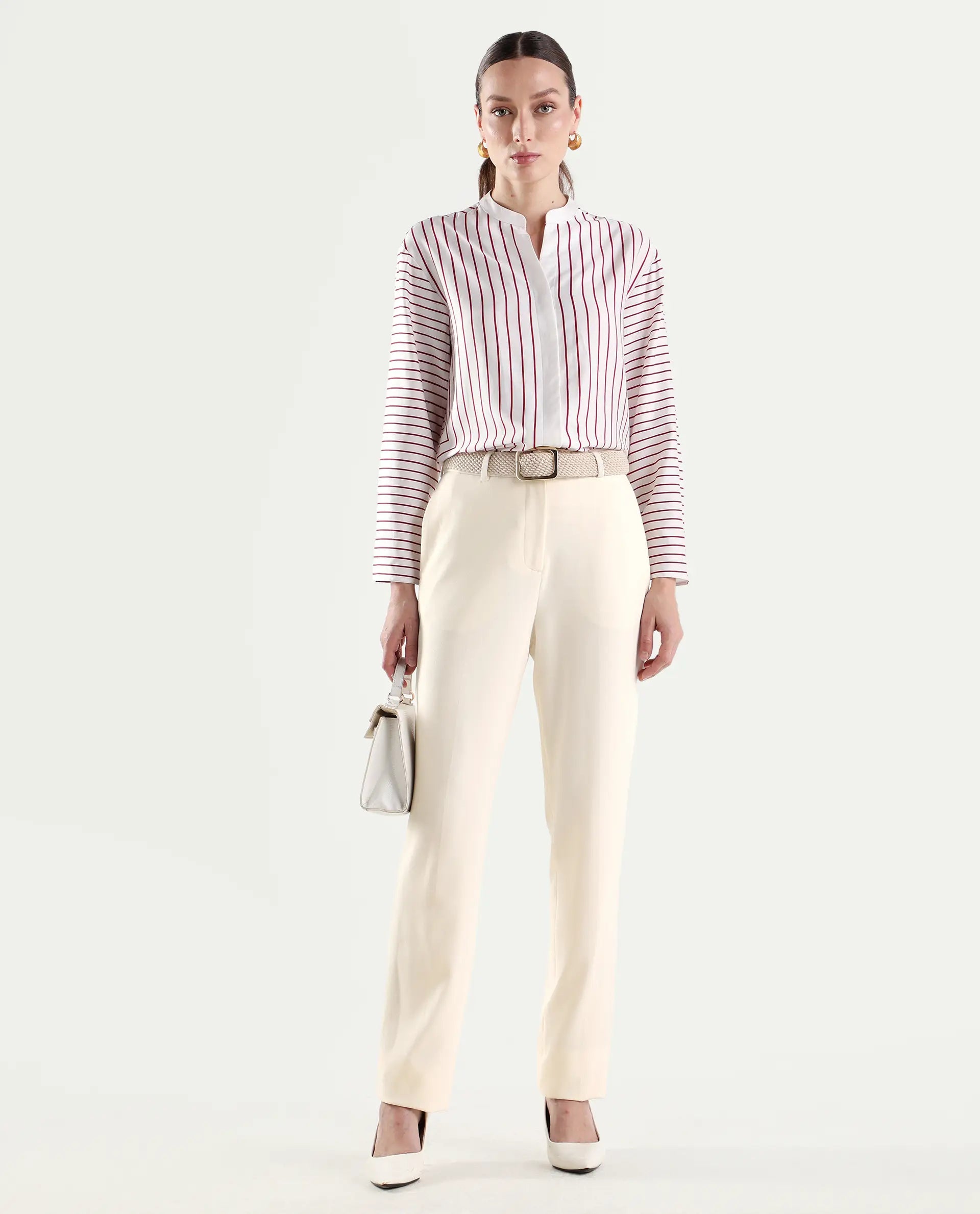 Rareism Women's Paper Off White Viscose Lycra Tapered Plain Trouser