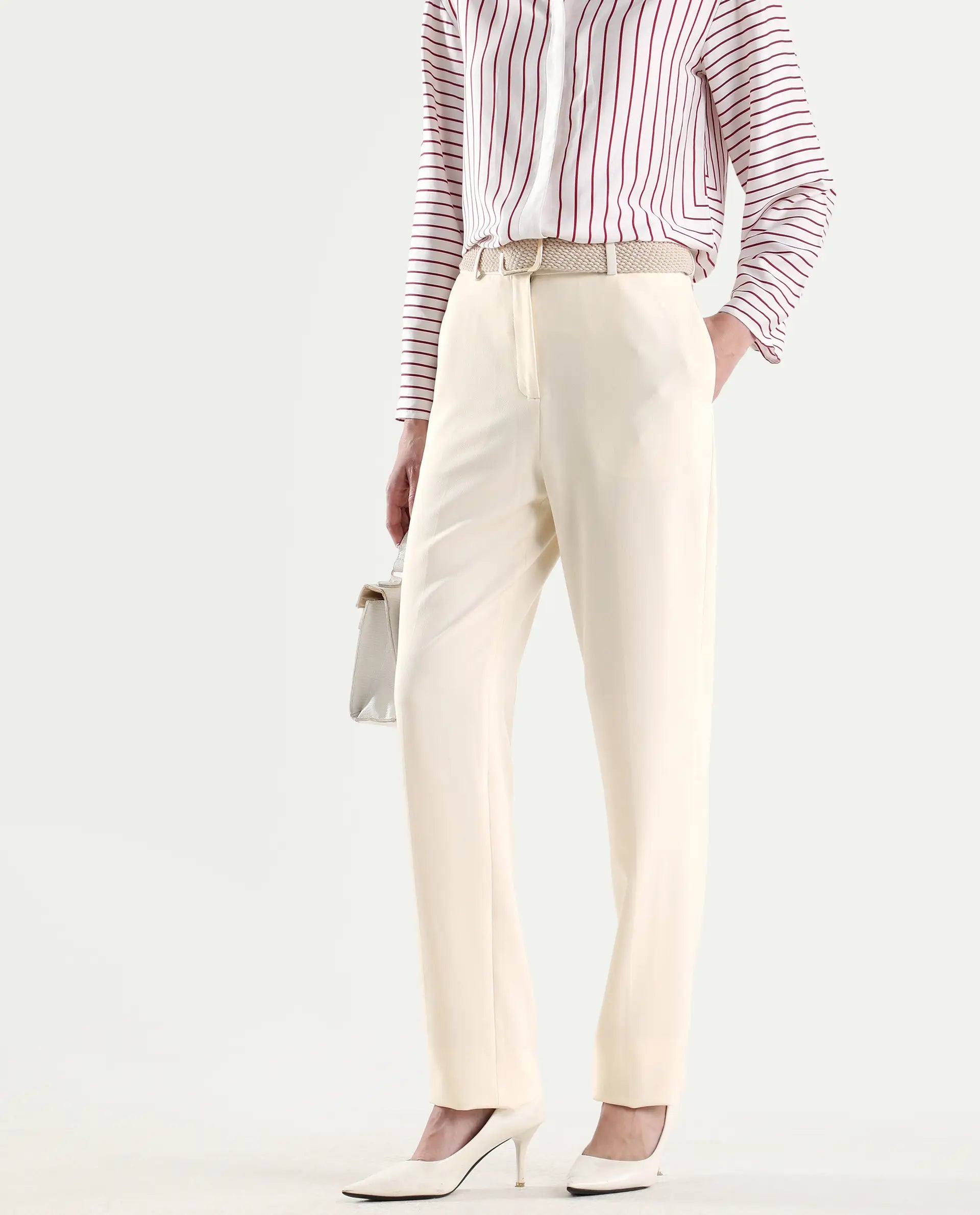 Rareism Women's Paper Off White Viscose Lycra Tapered Plain Trouser