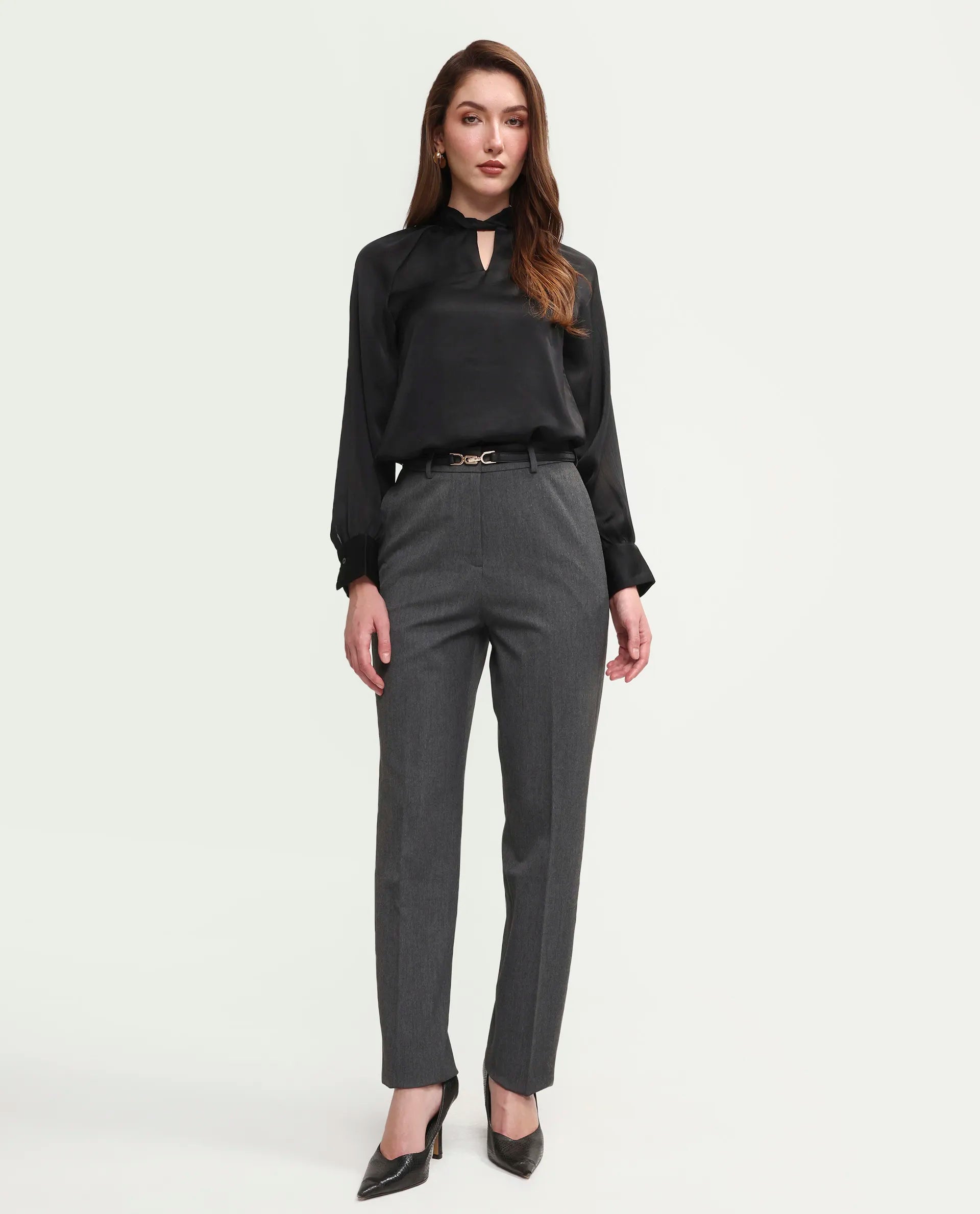 Rareism Women's Paper Grey Polyester Blend Fabric Tapered Plain Trouser