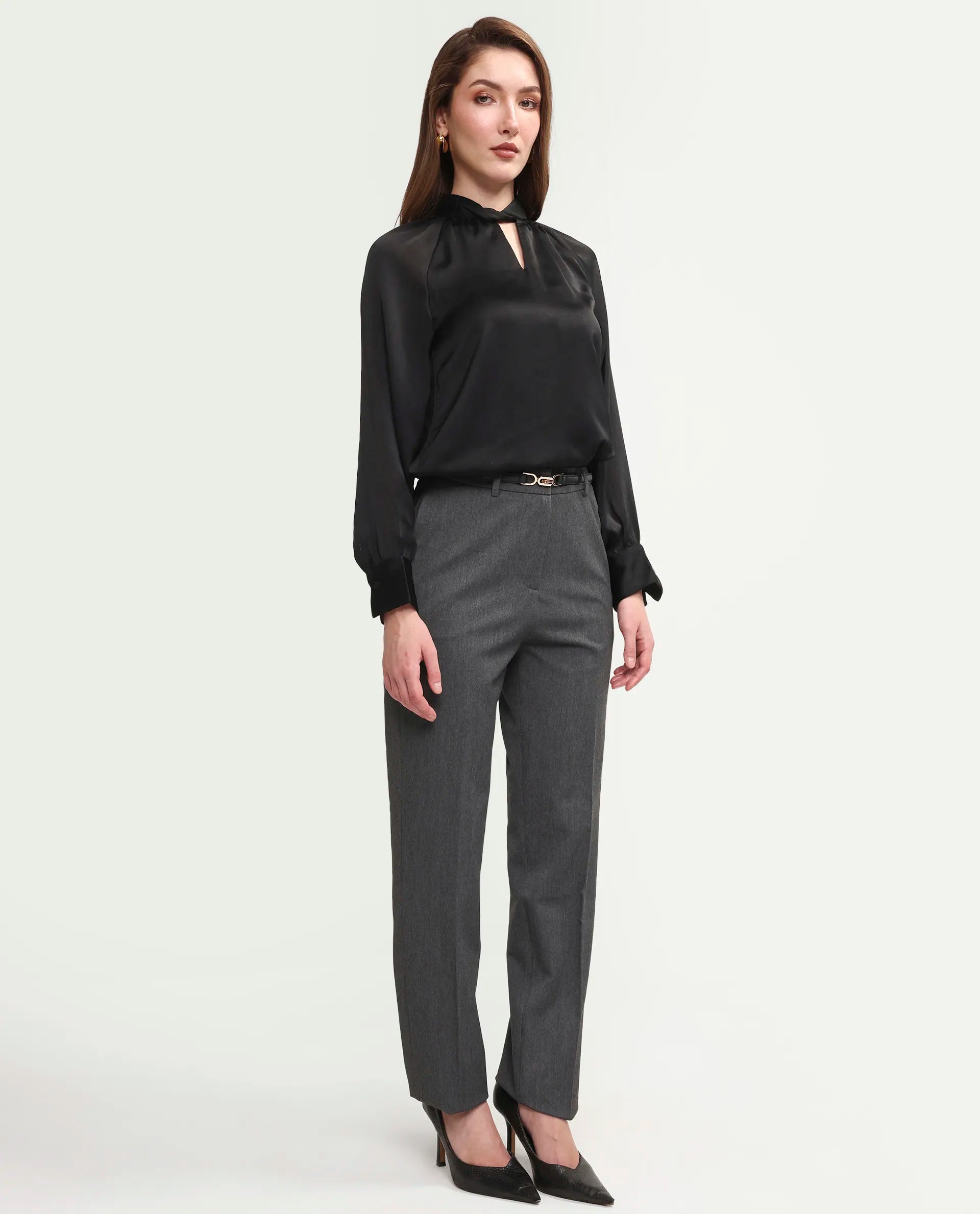 Rareism Women's Paper Grey Polyester Blend Fabric Tapered Plain Trouser