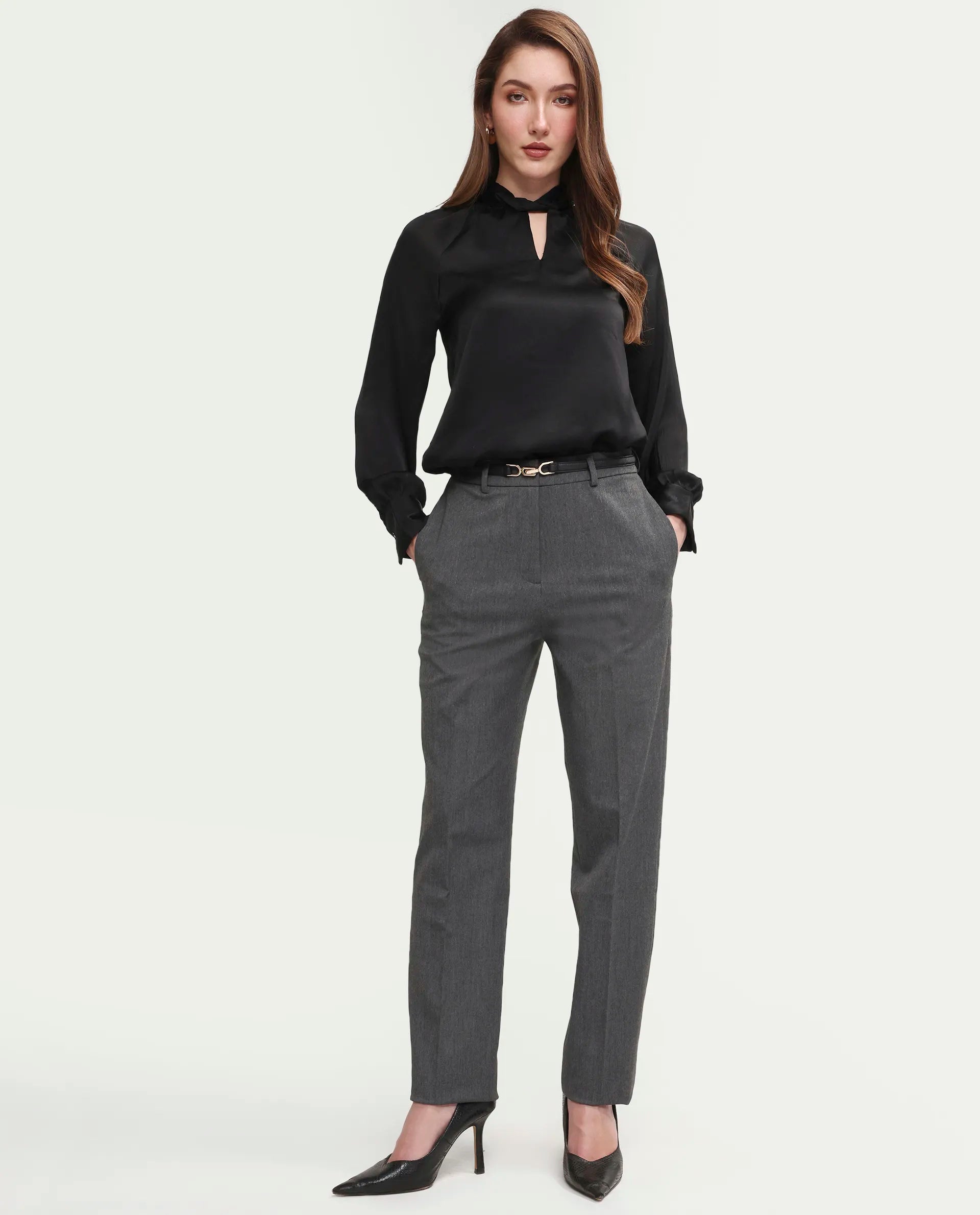 Rareism Women's Paper Grey Polyester Blend Fabric Tapered Plain Trouser