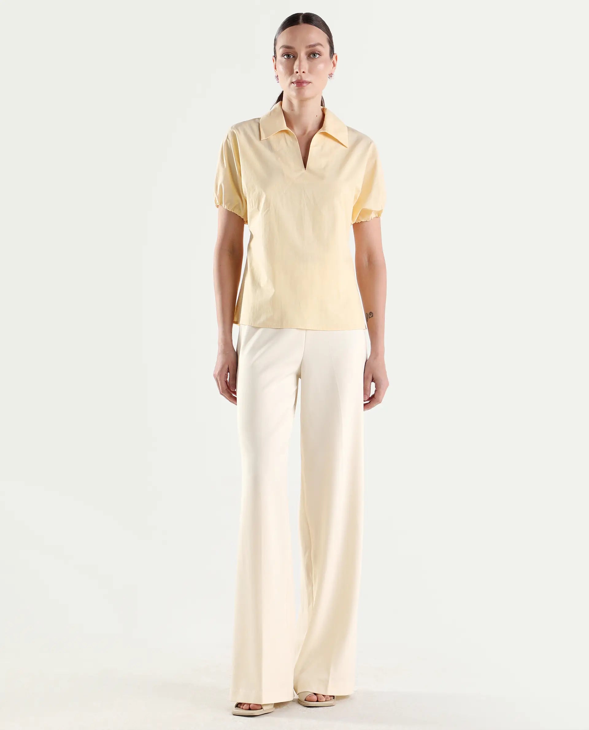 Rareism Women's Widy Off White Polyester Blend Wide Plain Trouser