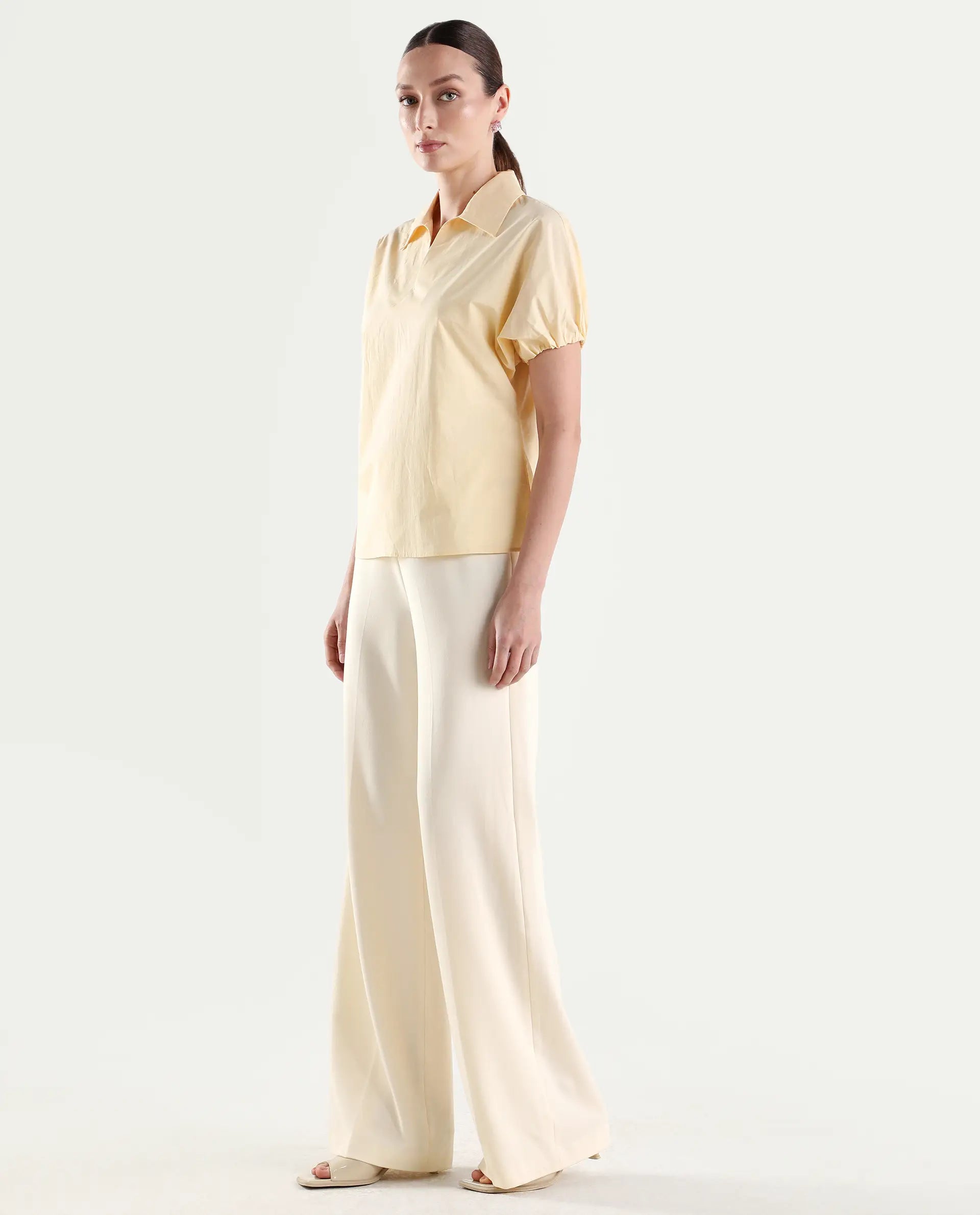 Rareism Women's Widy Off White Polyester Blend Wide Plain Trouser