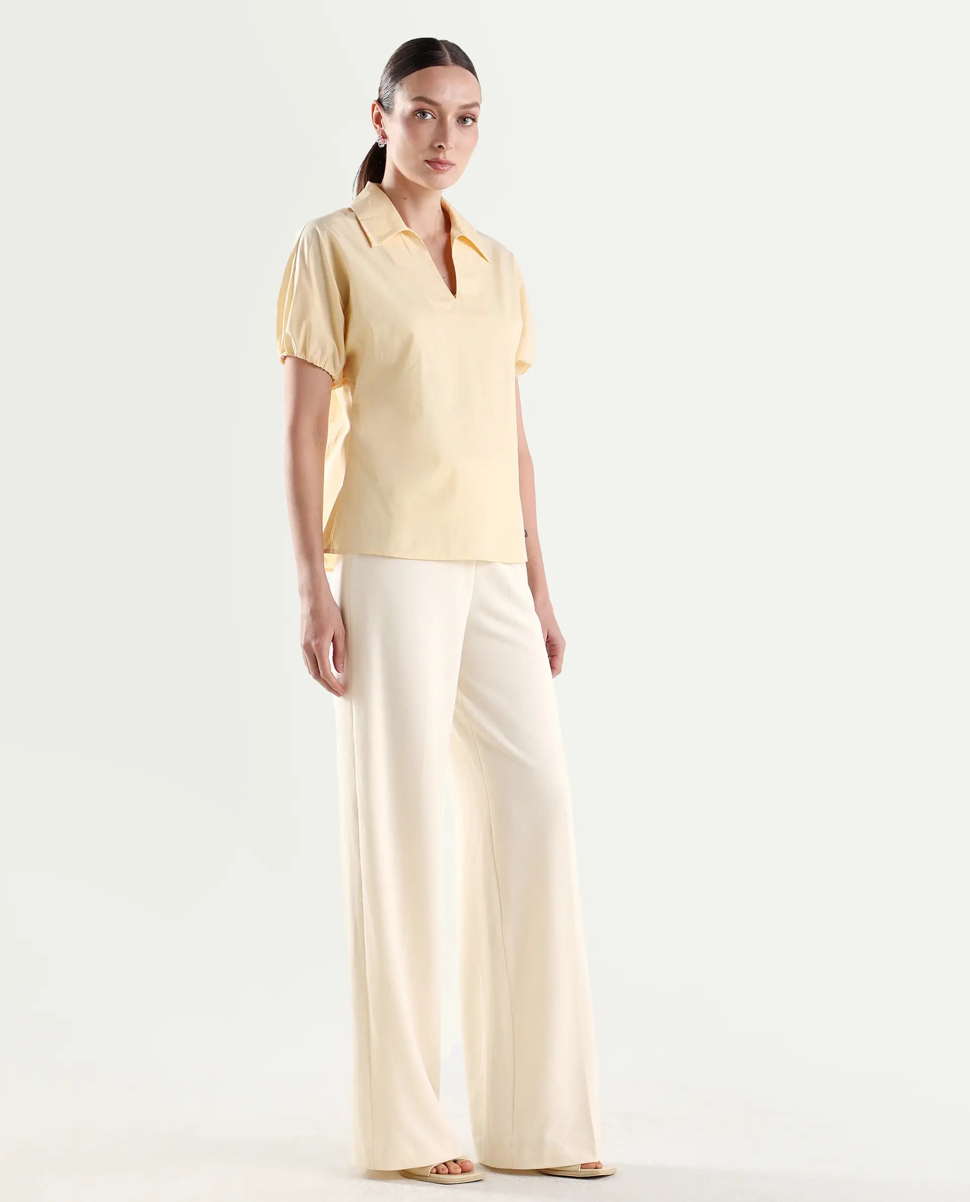 Rareism Women's Widy Off White Polyester Blend Wide Plain Trouser