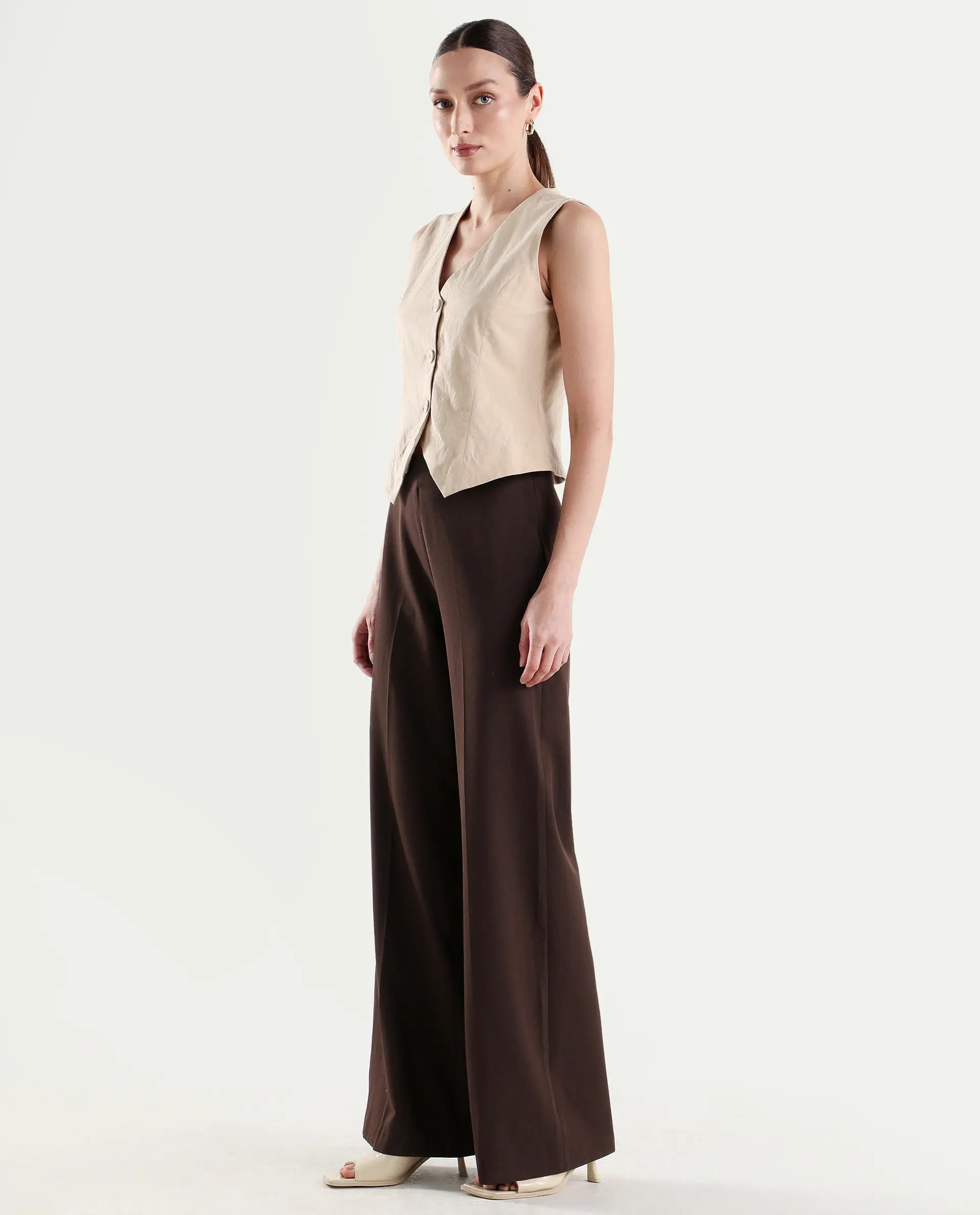 Rareism Women's Widy Brown Polyester Blend Fabric Wide Plain Trouser